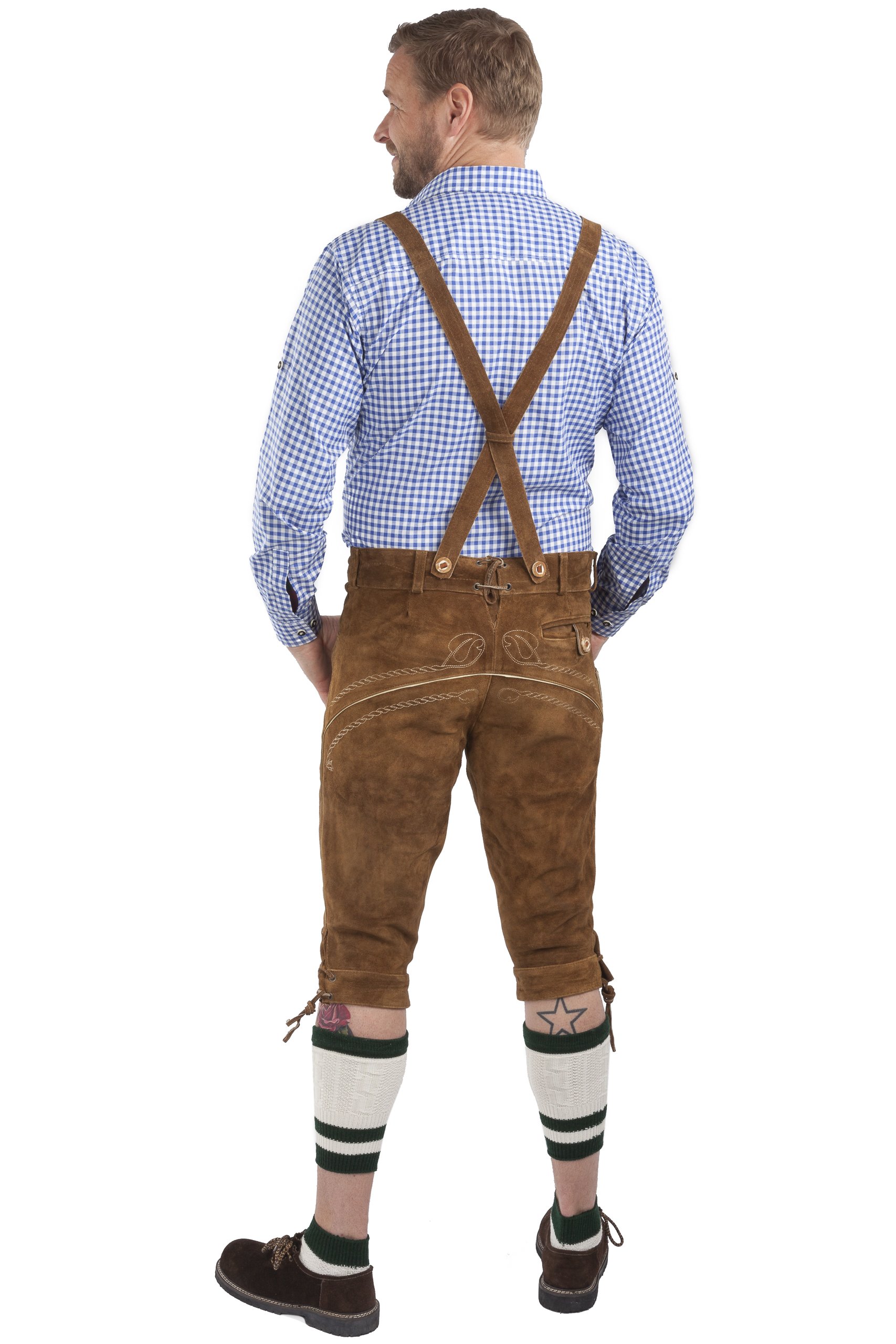 Schöneberger Trachten Collare al Ginocchio Lederhosen Uomo - Pantaloni in Pelle Trachten Hop e Marrone Malto - Hopfen & Malz