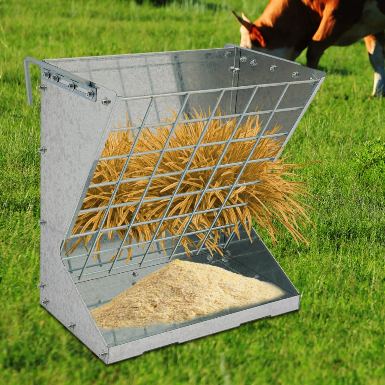 Comedero de heno grande para ovejas y cabras, 2 en 1, comedero automático para heno y cereales, comedero colgante de ovejas con rejilla de ahorro de alimentos y comedero, dispensador de alimentos
