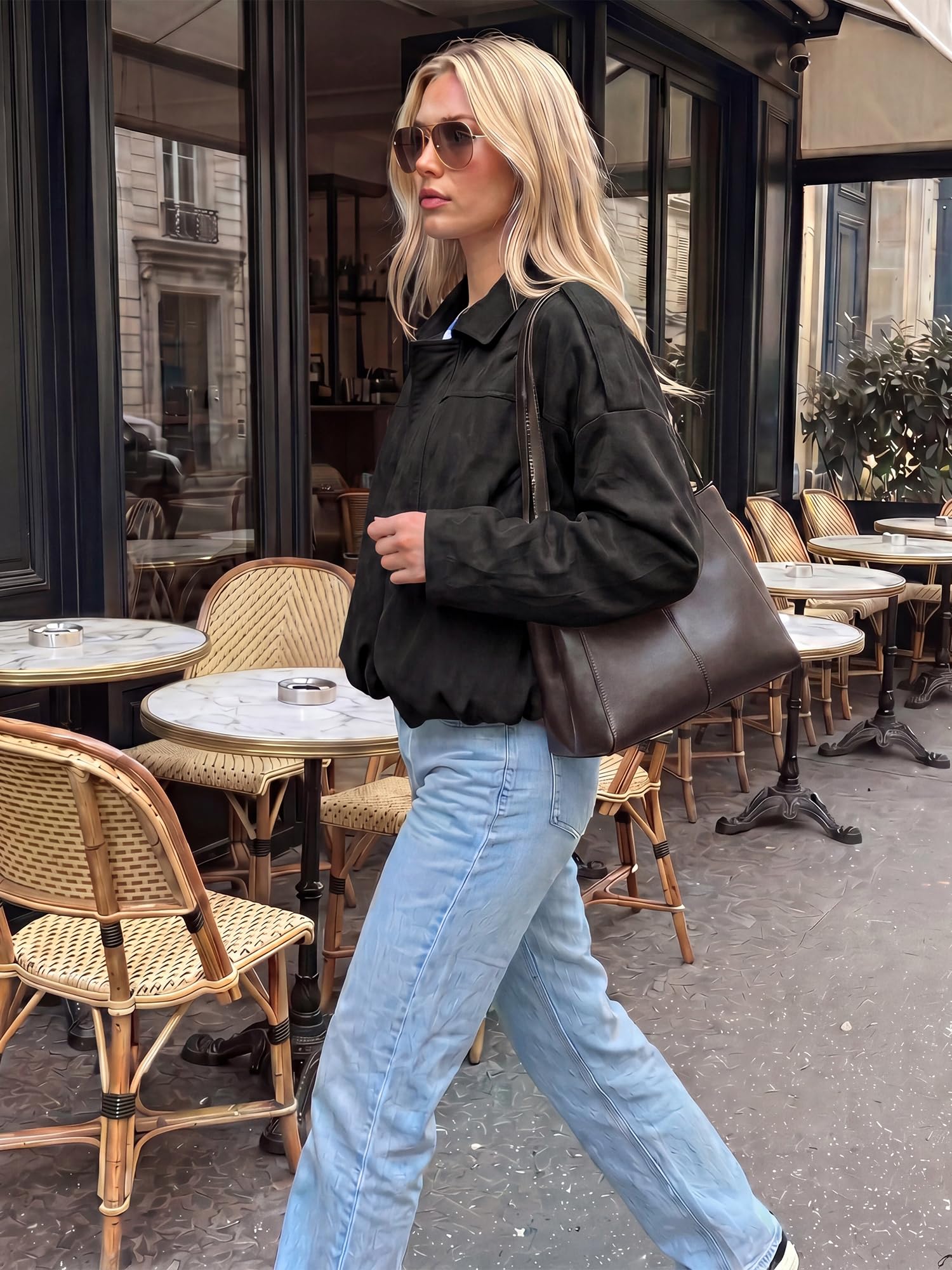 Allegra K Blouson bomber zippé en daim synthétique pour femme | Vestes de moto surdimensionnées décontractées en cuir à manches chauve-souris à revers de printemps