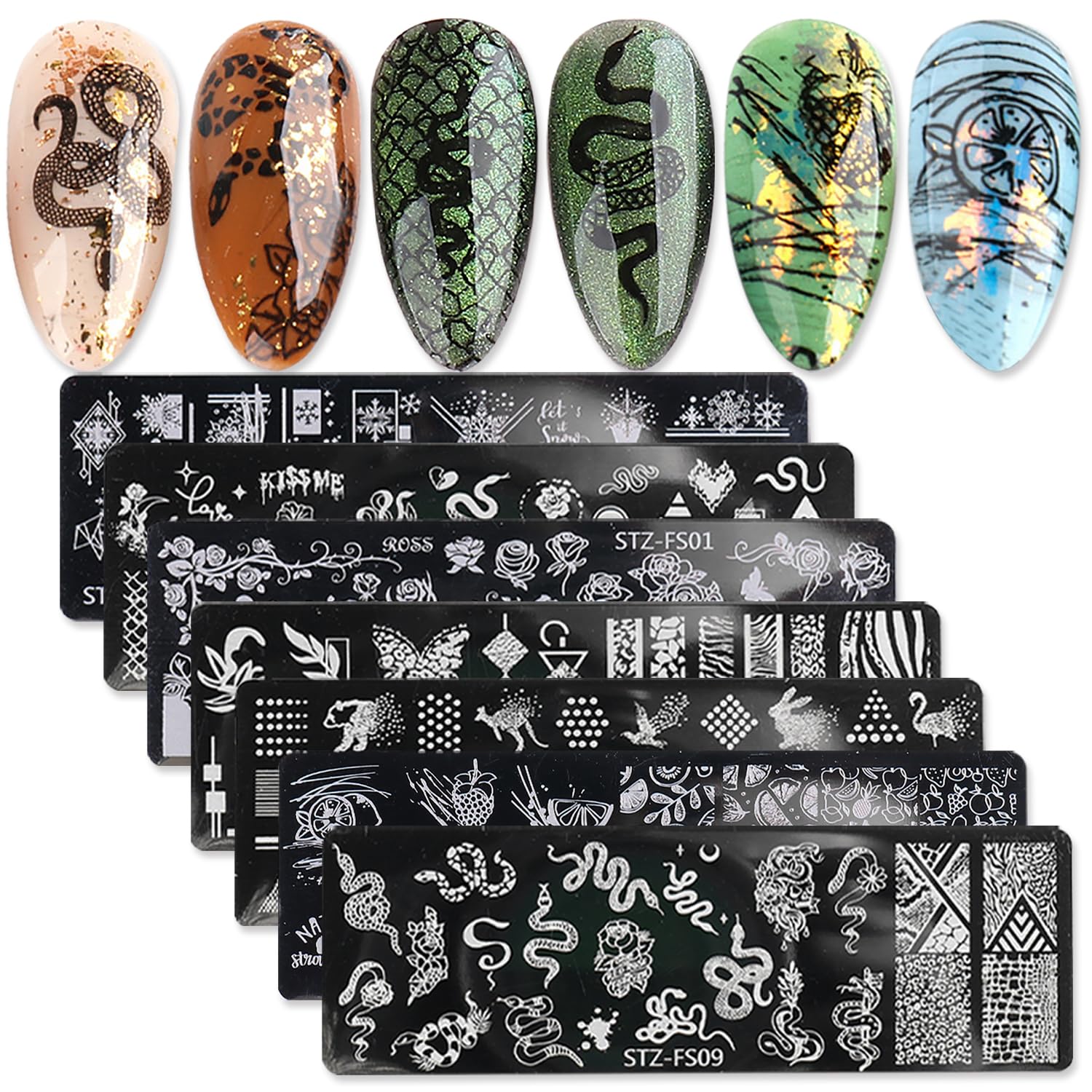 JERCLITY 8pcs Nail Stamping Plates Nail Stamping Kit Rose Fruit Animal Snake Image Plates Nail Art Design Template Print Nail Stamper Kit for Women