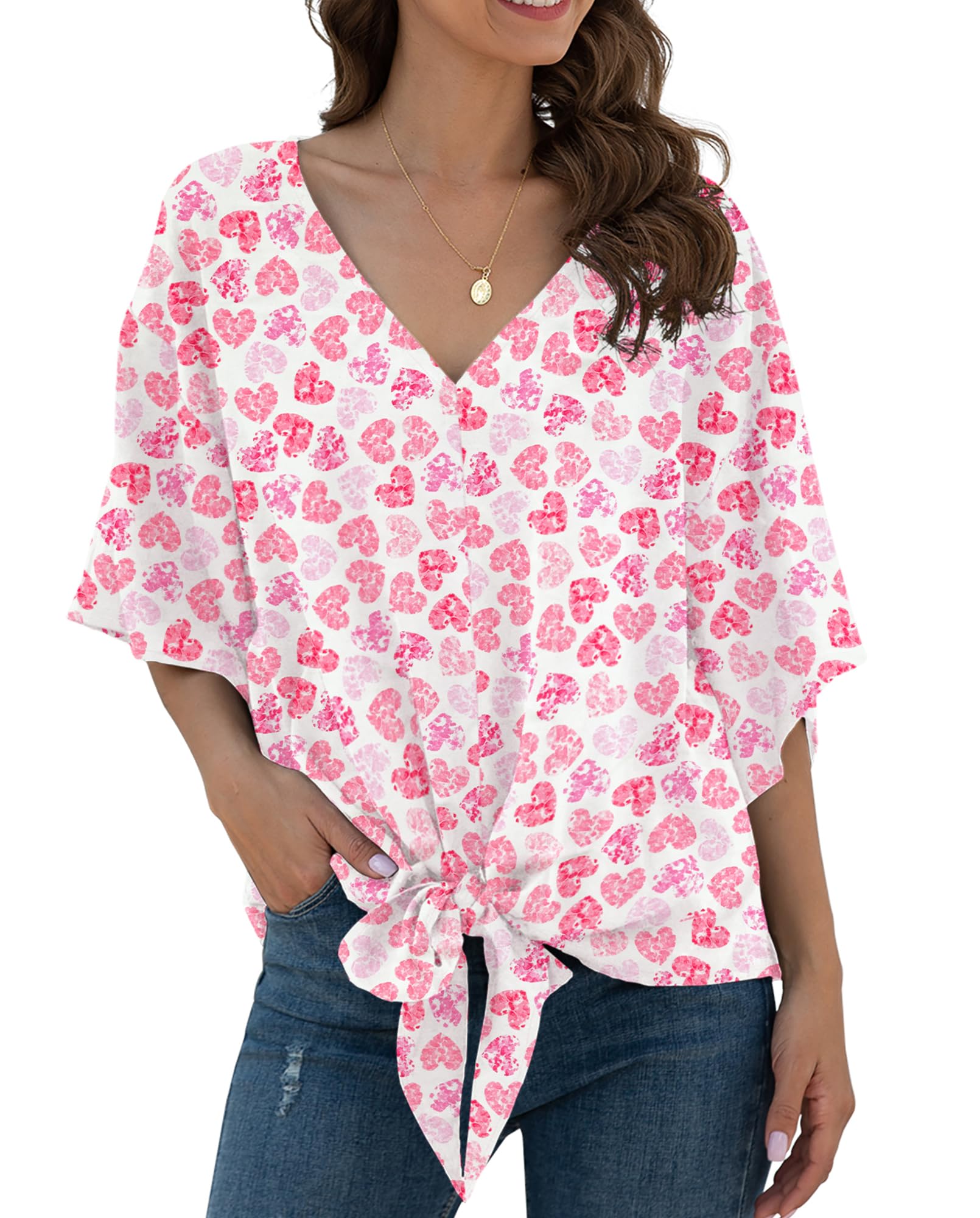 VIISHOW Womens Tie Front Chiffon Blouses V Neck Batwing Short Sleeve Summer Tops Shirts