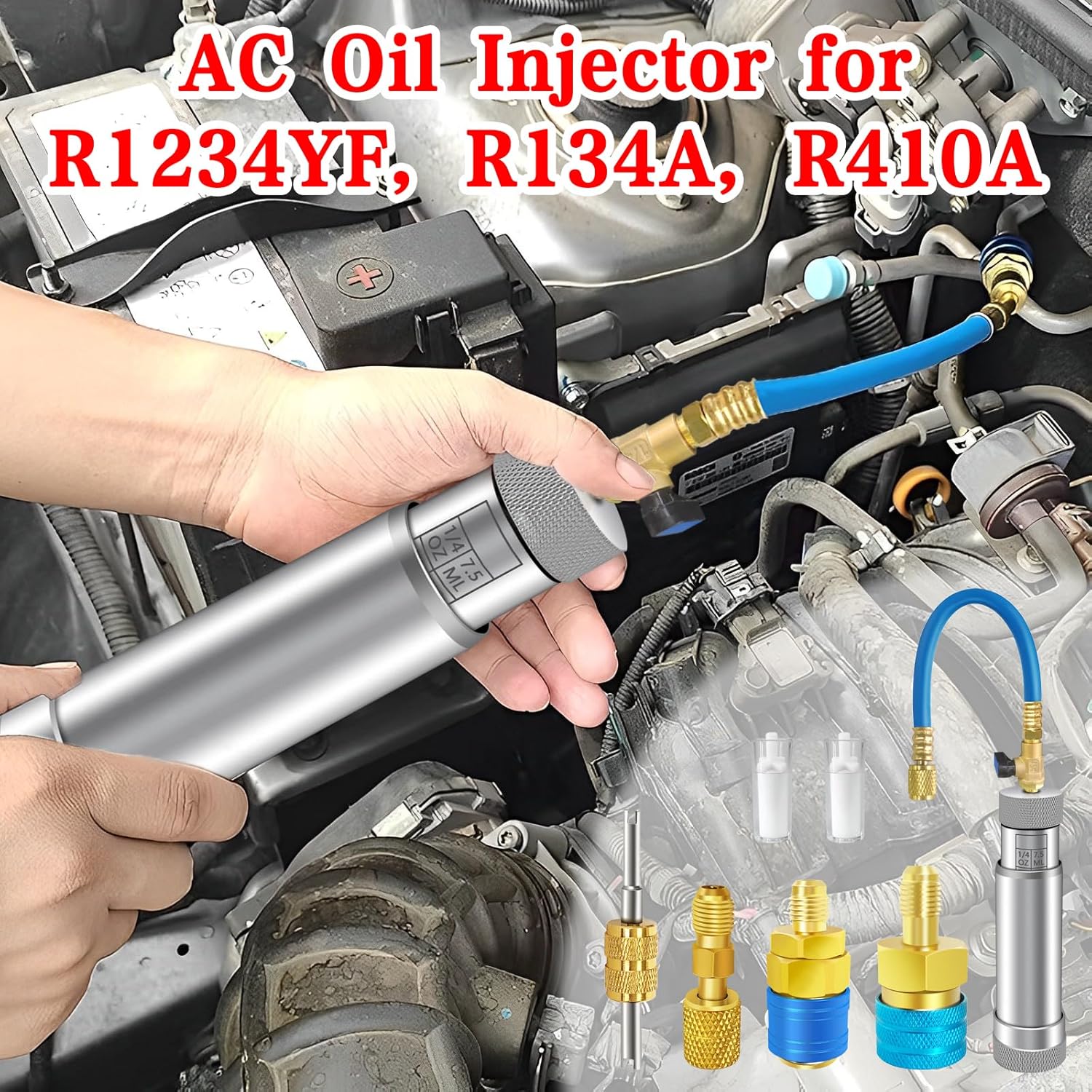 AC Dye Injector with Shut-Off Valve, AC Oil Injector for R1234yf R134a R410a, 1234yf Dye Injector with Backflow Prevention Function, AC Dye Oil Injector Kit with R1234yf R134a Couplers R410a Adapter