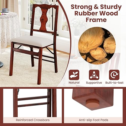 Miniatura 7 de Giantex Juego de 2 sillas de comedor plegables, sillas de comedor tapizadas con cómodos asientos acolchados, marco de madera de goma, almohadillas