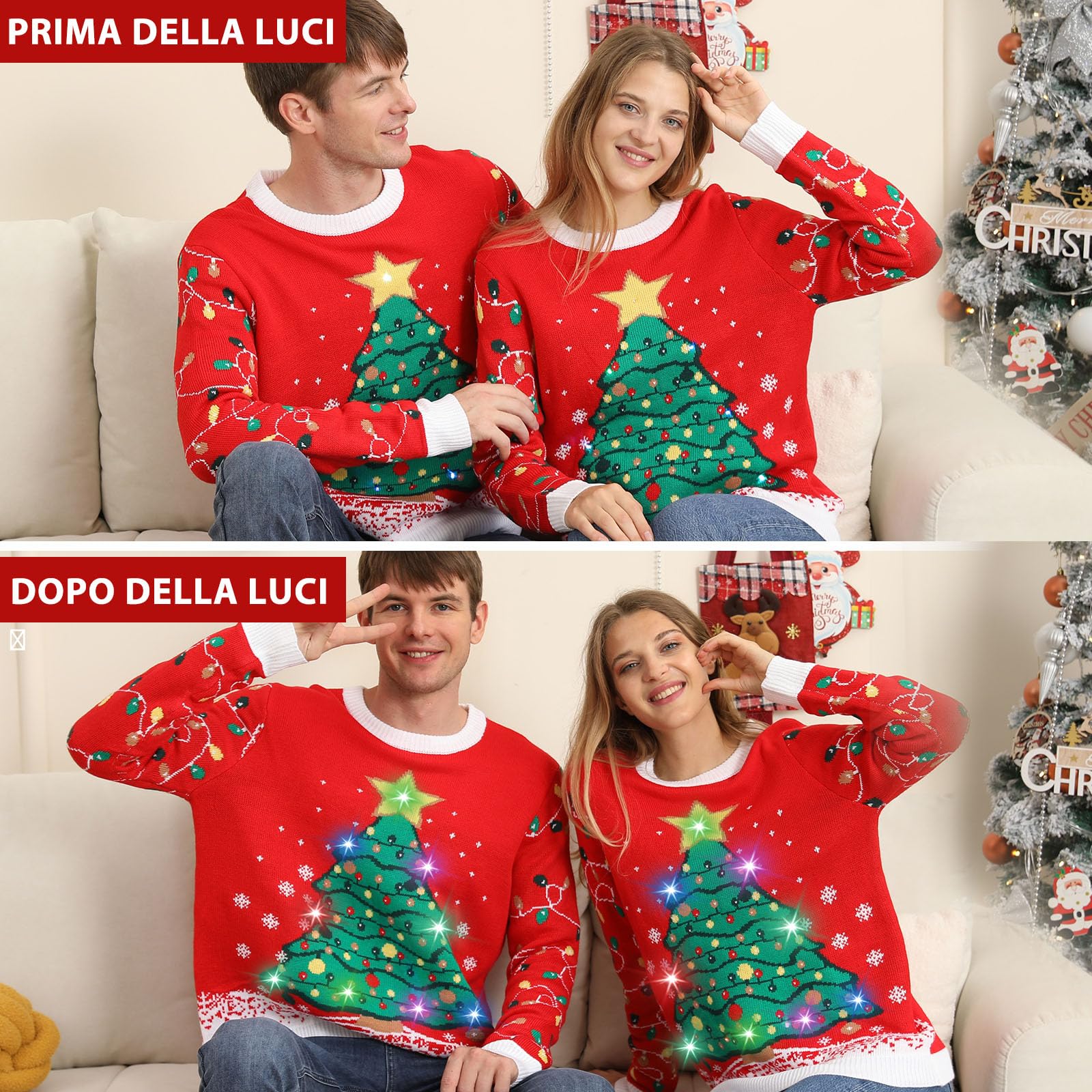 Ugly Christmas Sweater 2024, Maglione Natalizio con Luci, Maglione Natalizio Donna Uomo Divertente Maglione di Natale con luci led, Girocollo Maglioni Natalizi Famiglia Adulti per Coppia/Donna/Uomo