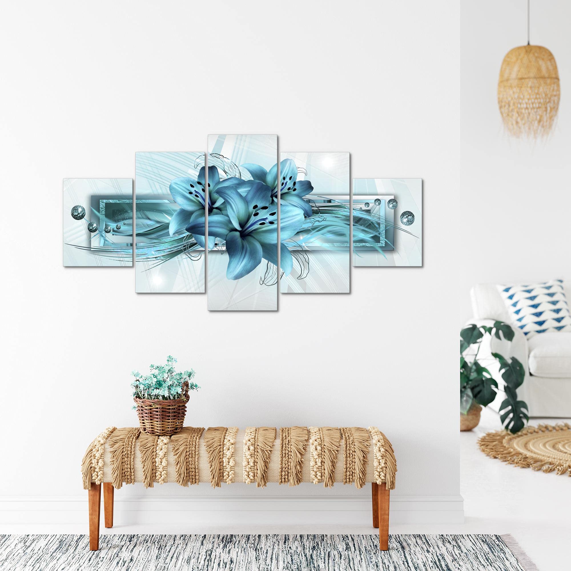 Runa Art - Tableau Lis Fleurs 200 x 100 cm 5 Parties XXL Decoration Murale Dessin Turquoise 008751a