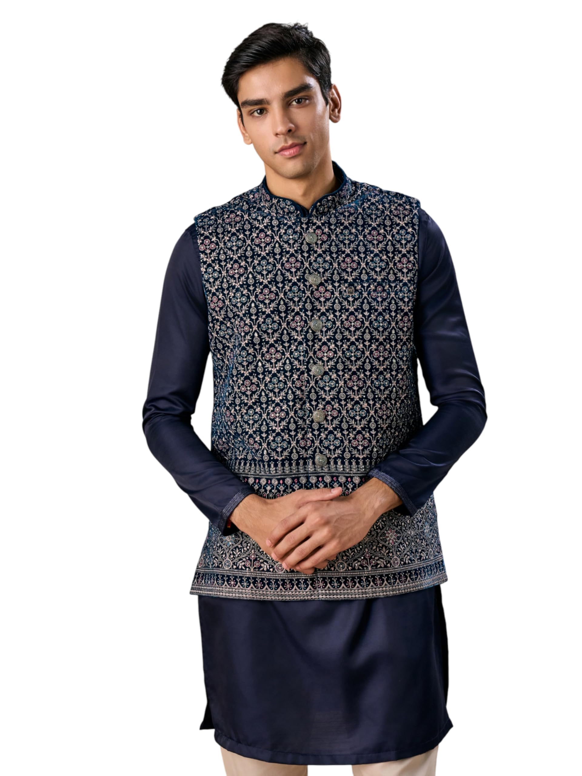 manyavar Men's Velvet Detailed Thread Embroidery Traditional Nehru Jacket (1pc) (IN, Alpha, L, Teal Blue)-picture-13