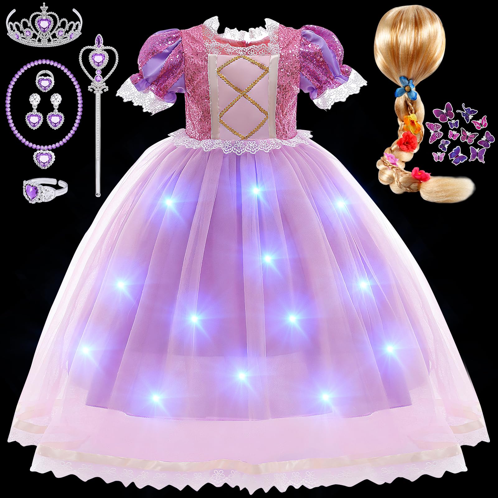 TacobearGirls Light Up Rapunzel Dress Costume Set, Rapunzel Wig & Princess Dress Up Accessories Halloween Birthday Outfit