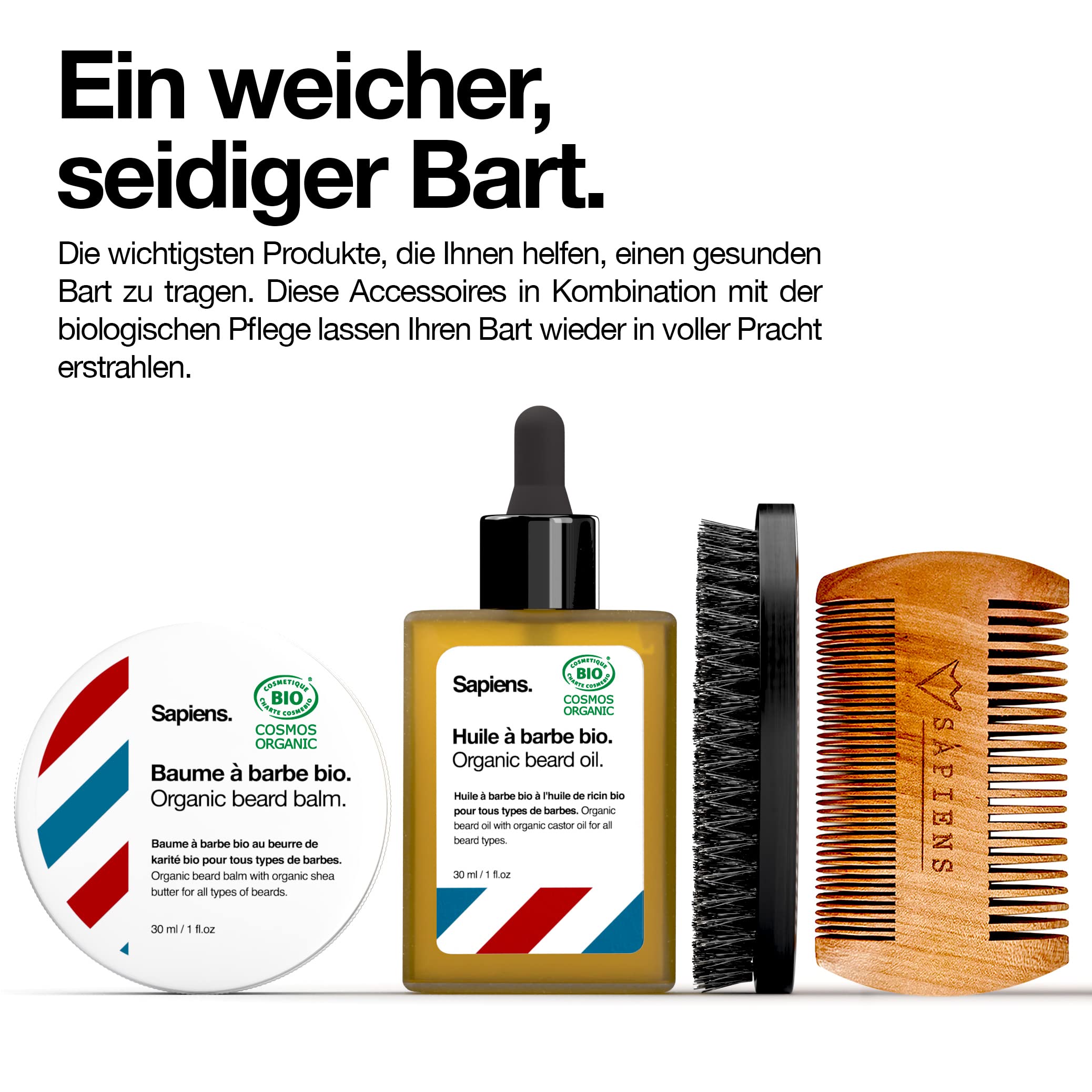 Kit Cuidado Barba Ecológico y Afeitado Sapiens - Set de Regalo Hombre - Gel de Afeitar Natural, Aceite Barba Ecológico, Bálsamo Barba Ecológico, Navaja de Afeitar Barbero, Accesorios, Bolsa de aseo