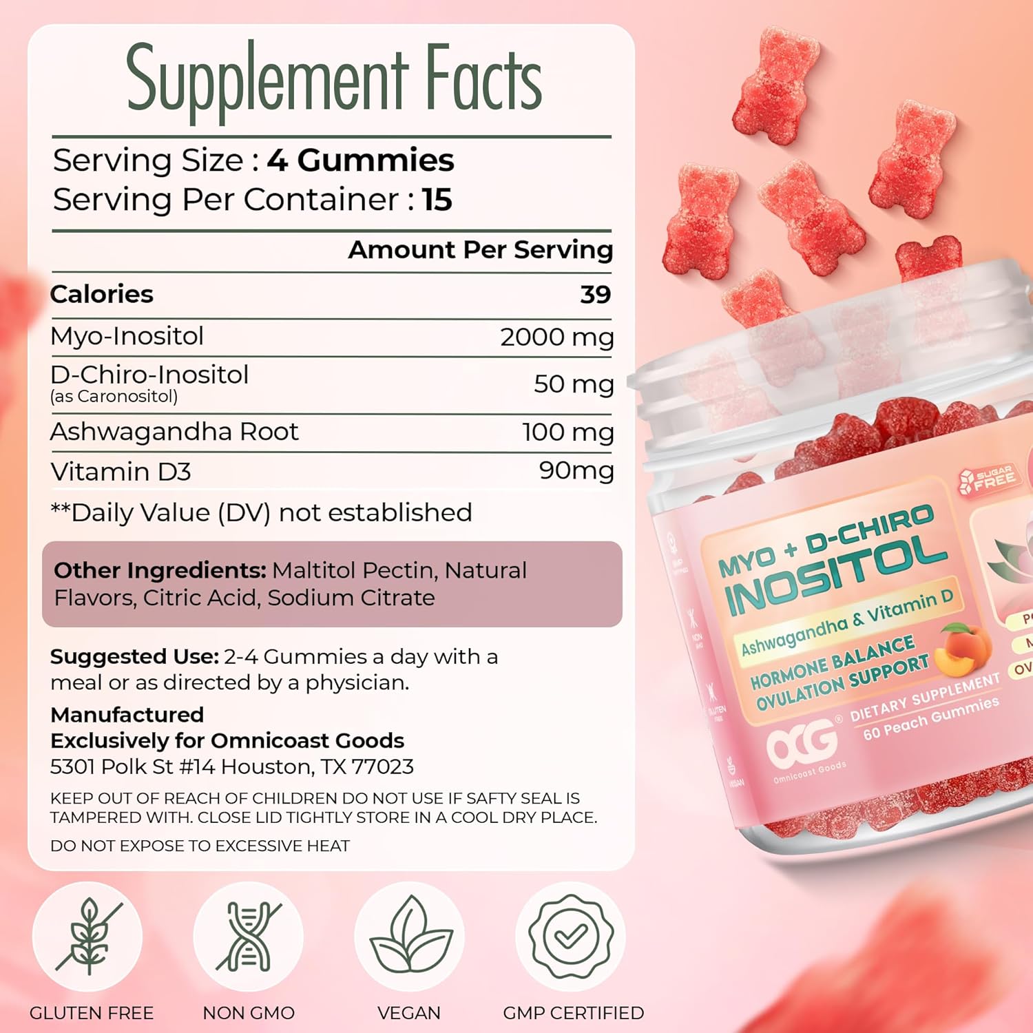 Myo-Inositol & D-Chiro Inositol Gummies with Ashwagandha | PCOS Support | Ovulation & Mood Support, 40:1 Ratio Inositol for Hormone Balance, Sugar-Free, Non-GMO (60 Gummies) - Image 5