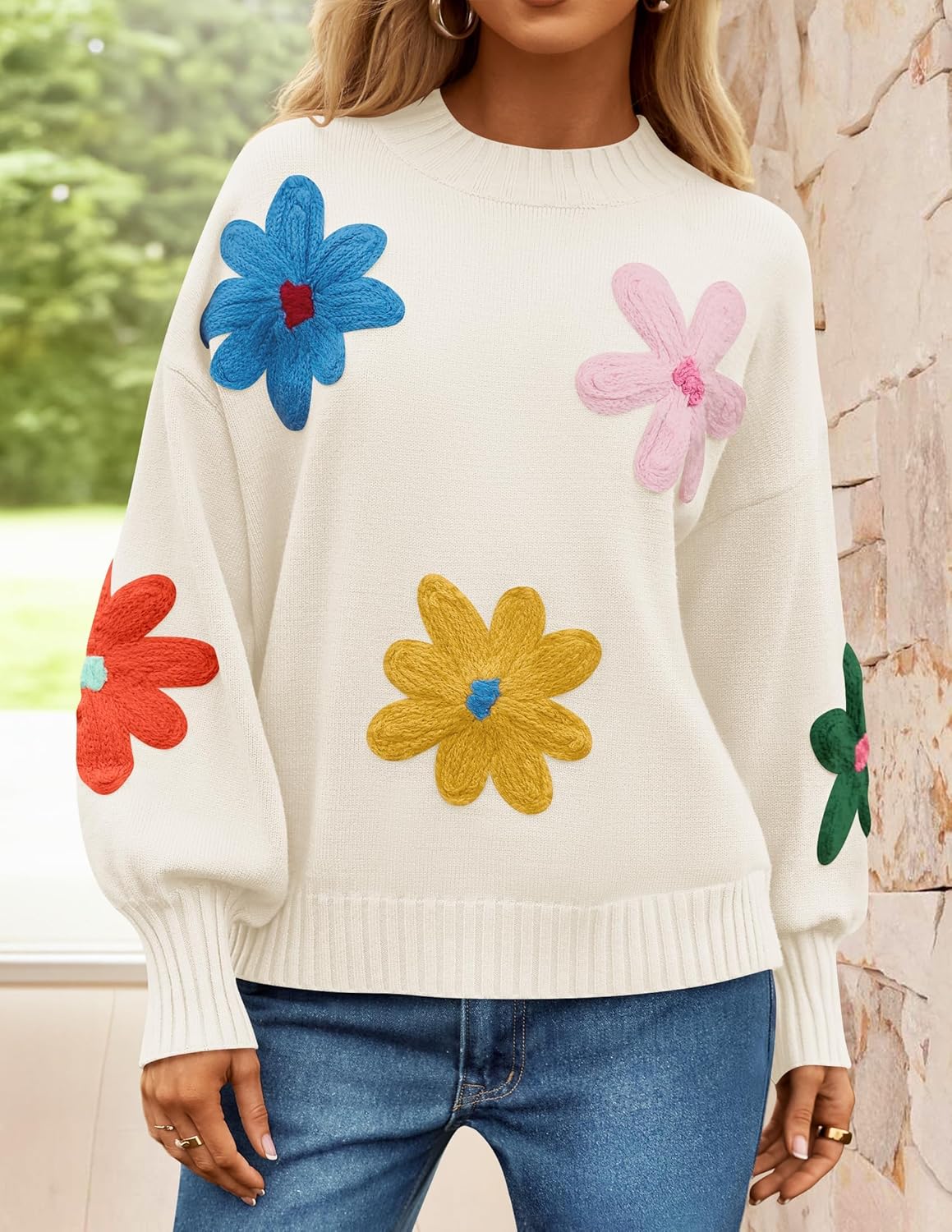 ZESICA Women's Long Puff Sleeve Sweaters Casual Crewneck Ribbed Knit Flower Color Block Loose Pullover Tops - Image 2