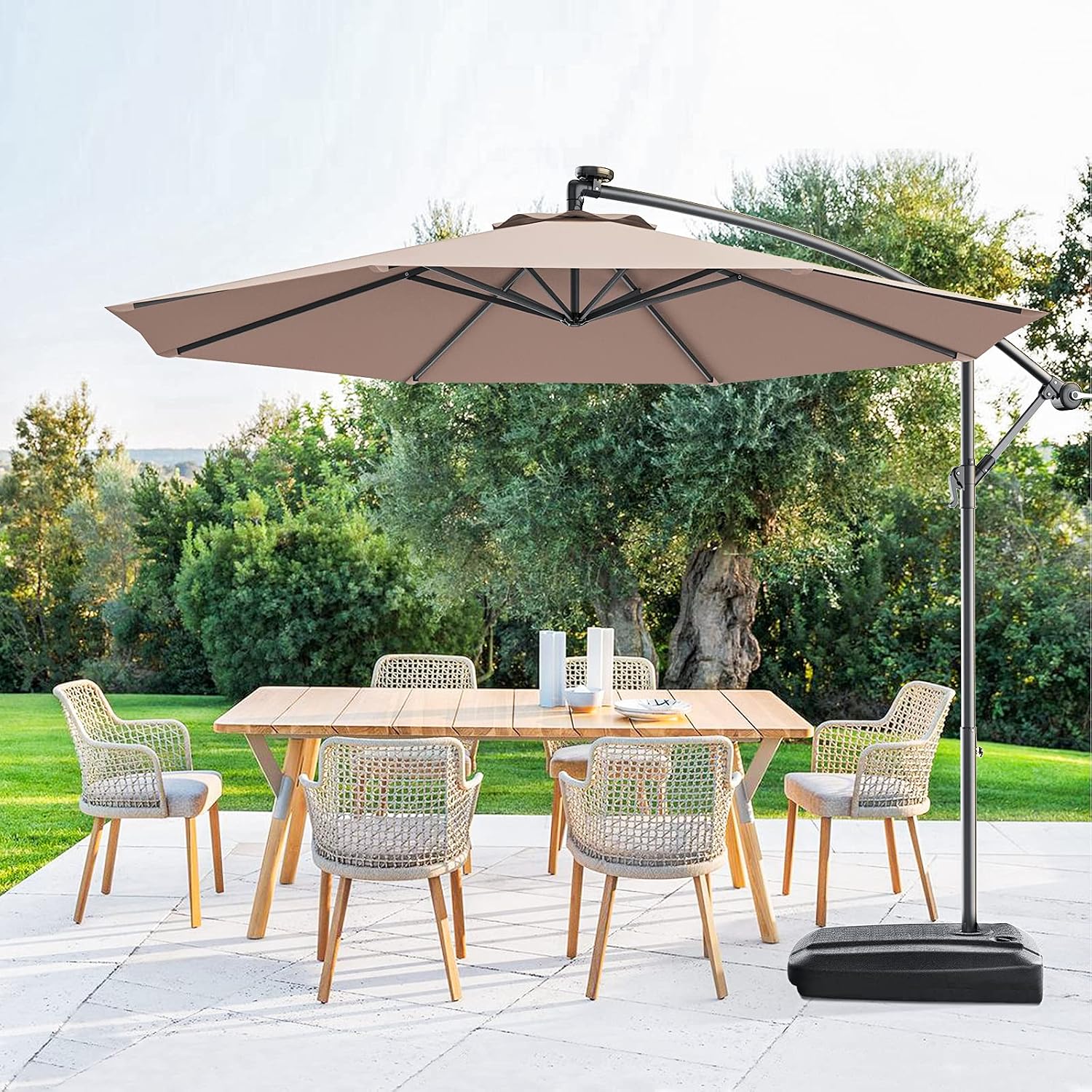 Giantex 10ft Offset Patio Umbrella with Cross Base, Tan, Polyester Fabric, 96% Sunlight Protection