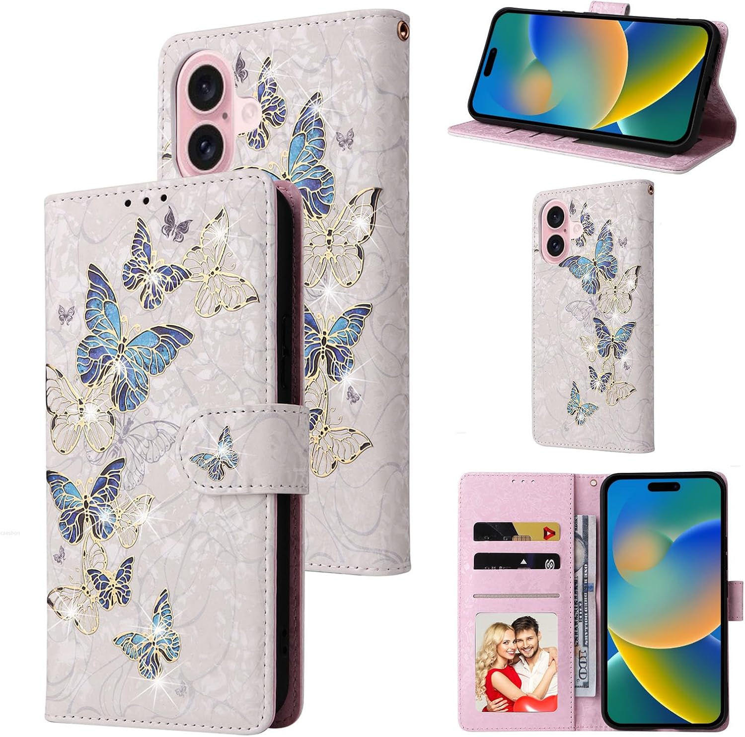 UEEBAI Wallet Case for iPhone 16, PU Leather Phone Cover Kickstand RFID Blocking Flip Case Card Slots Wrist Strap Relief Engraved Pattern Magnetic Closure Flower Folio Wallet, Blue Butterfly