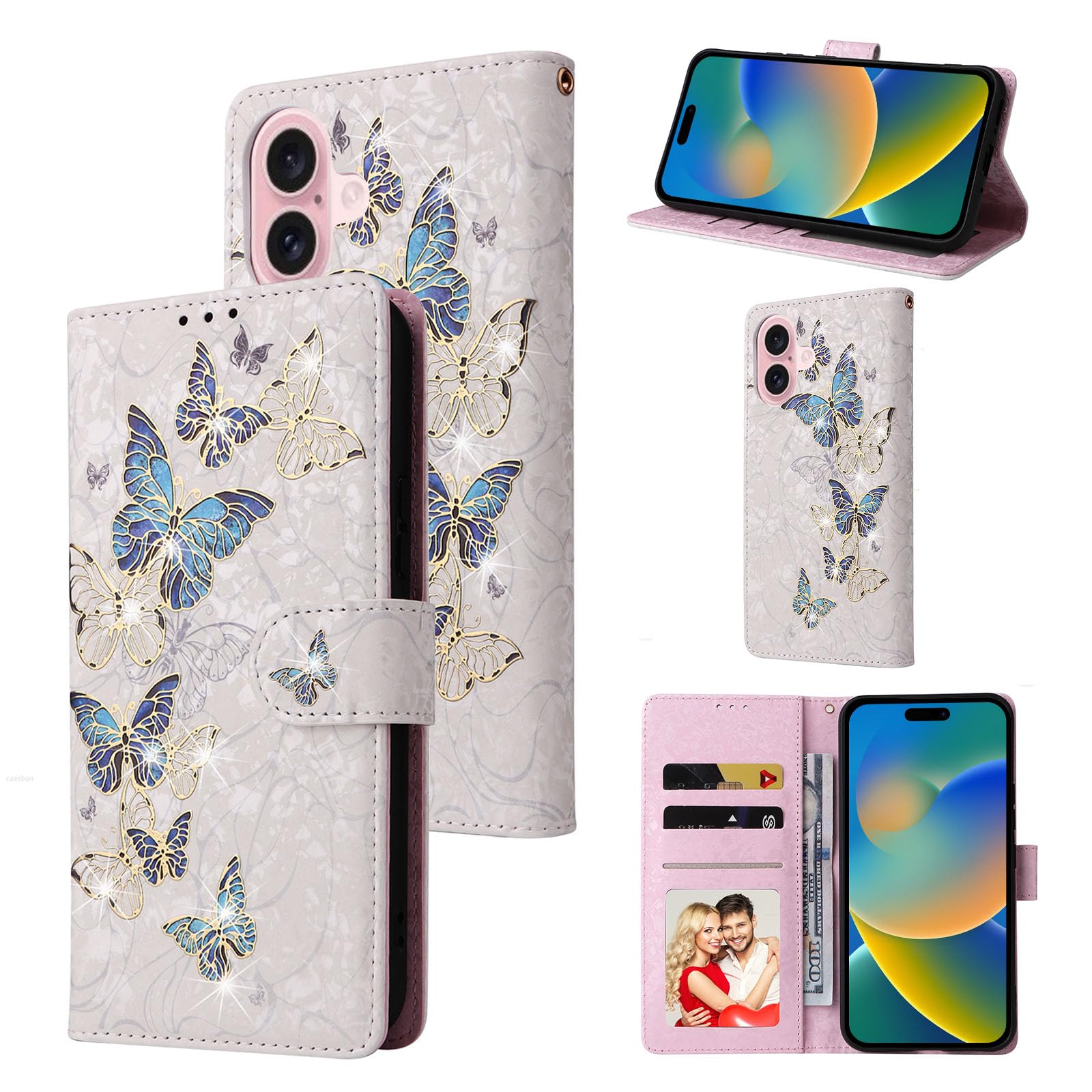 UEEBAI Wallet Case for iPhone 16 Plus, PU Leather Phone Cover Kickstand RFID Blocking Flip Case Card Slots Wrist Strap Relief Engraved Pattern