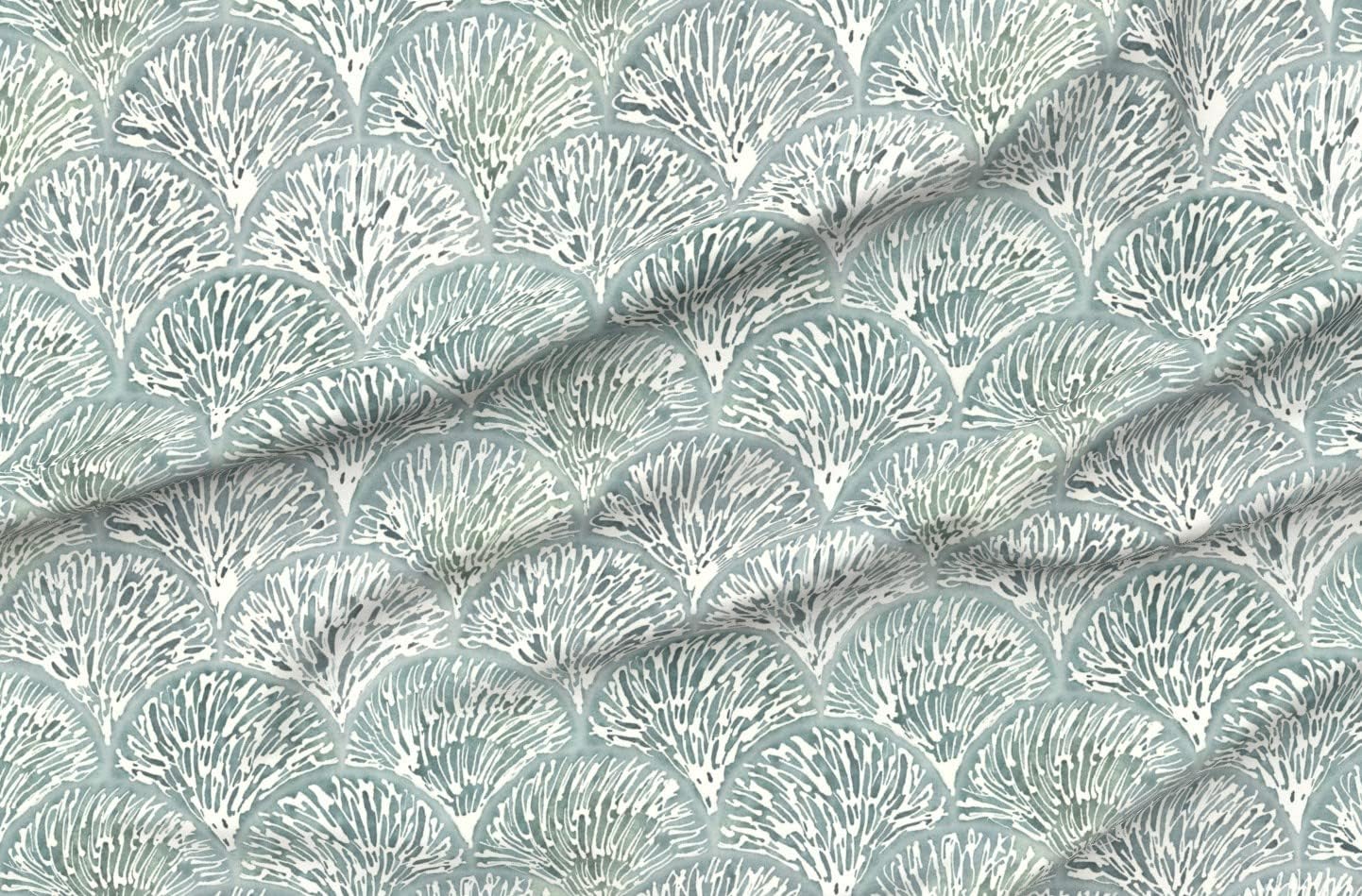 Spoonflower Fabric - Scallop Watercolor Beach Nautical Coastal Sea Foam Green Fan Pattern Printed on Petal Signature Cotton Fabric Fat Quarter - Sewing Quilting Apparel Crafts Decor