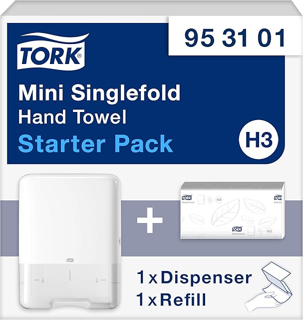Tork Mini Singlefold Hand Towel Starter Pack 953101, Image Design - H3 Singlefold/C-fold Paper Dispenser in Elevation Design + Hand Towel Refill (250 sheets) - Slim, Hygienic, White