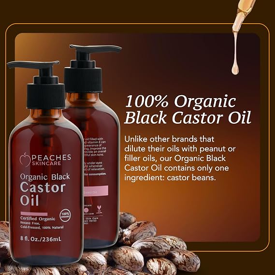 Organic Cold-Pressed Castor Oil Hexane-Free, Vegan Formula with Omega-9, Omega-6, and Vitamin E Hydrating Oils for Skin and Hair Black Castor Oil (8 fl. oz)