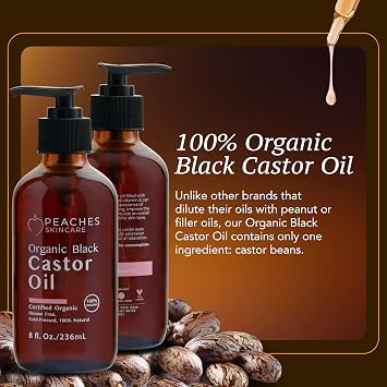 Organic Cold-Pressed Castor Oil Hexane-Free, Vegan Formula with Omega-9, Omega-6, and Vitamin E Hydrating Oils for Skin and Hair Black Castor Oil (8 fl. oz)