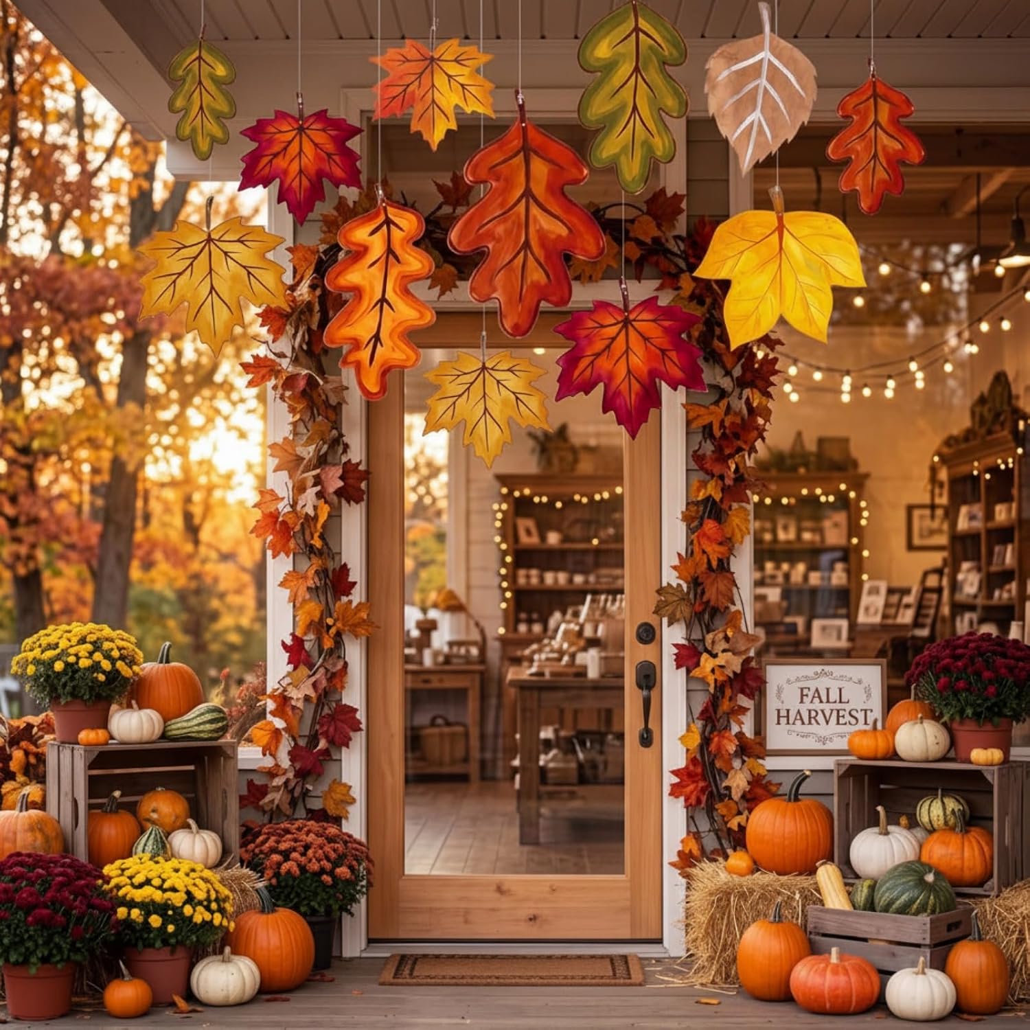 12 Pcs Large Fall Maple Leaves Decorations Double Sided Fall Leaves Hanging Garland Kit with Hooks, Ceiling Window Porch Wall Leaf Ornament for Thanksgiving Harvest Autumn Party Supplies