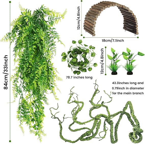 QUOZUO Bearded Dragon Tank Accessories, Terrarium Hanging Plant Vines Artificial Leaves Reptile Hide, Bridge Jungle Climber Reptile Vines for Snakes Bearded Dragon Chameleon Gecko Lizard
