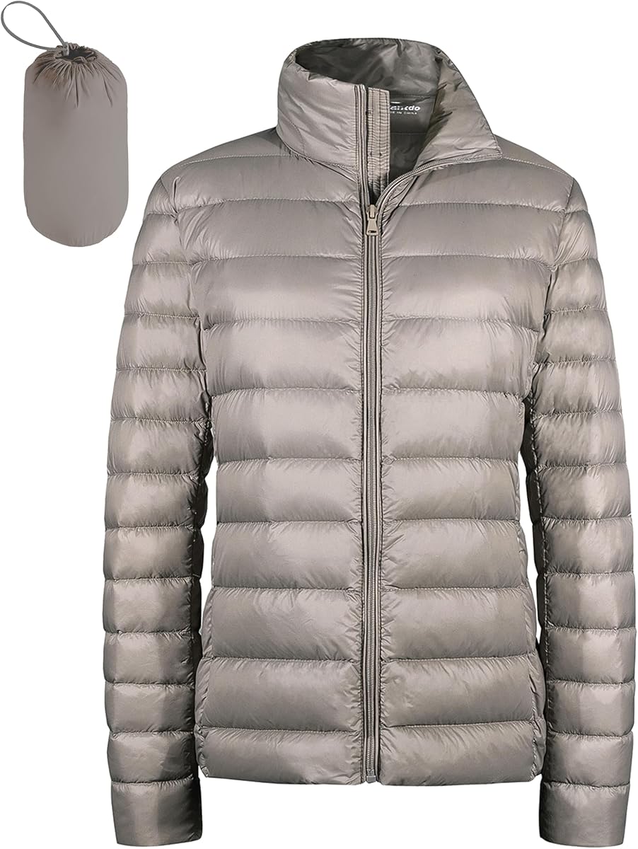 Wantdo Chaqueta acolchada plegable para mujer Chaqueta corta ultraligera de plumón | Plegable, con bolsa de transporte, ajuste ajustado, uso en climas fríos suaves, cuello alto, para viajes y uso diario, ligero