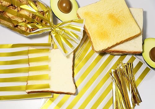 Miniatura 5 de WOKawaiYo HOPEMT - 200 bolsas de plástico translúcidas de rayas doradas/bolsas de celofán con 100 lazos dorados para galletas, pasteles, chocolate,