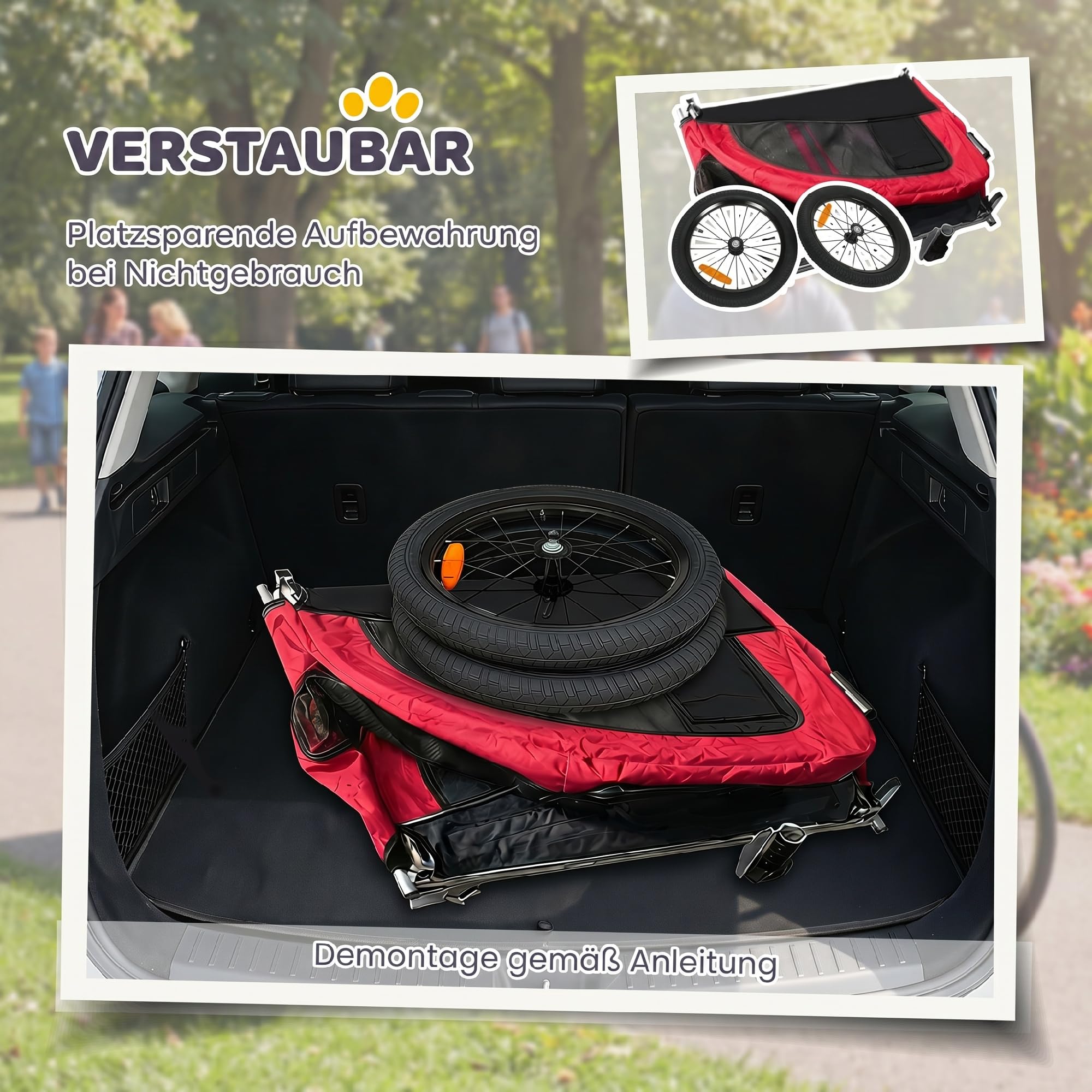 PawHut 2-in-1 Hundeanhänger für Fahrrad Hundebuggy für kleine & mittelgroße Hunde bis 20 kg Faltbarer Fahrradanhänger mit 600D Oxford, Reflektoren, Handbremse, Universelle Kupplung