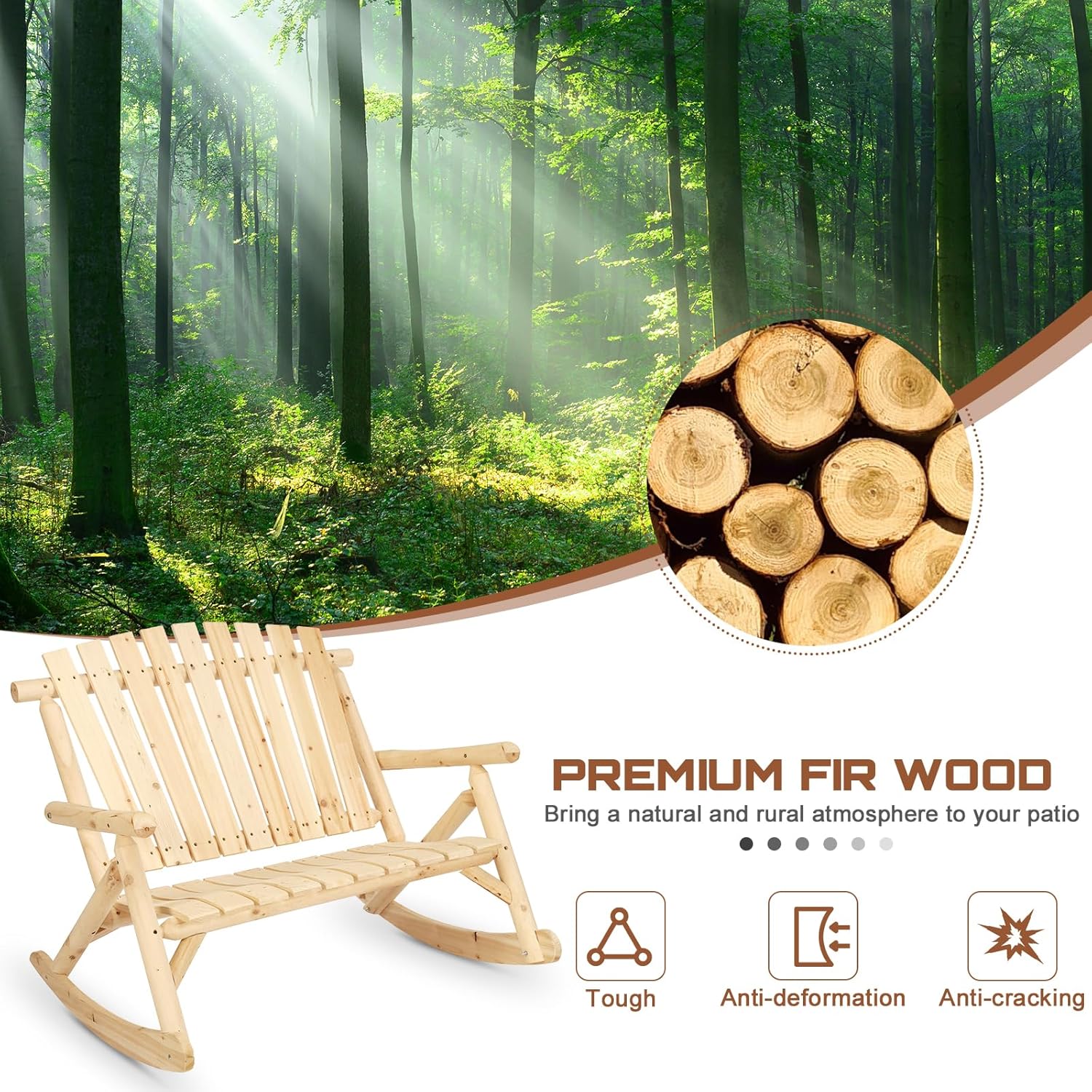 HOMEDIARY Outdoor Wood Rocking Bench, 2-Person Rustic Adirondack Log Rocker with Slatted Seat, High Backrest/Armrests, Double Wooden Patio Porch Rocking Loveseat for Garden Backyard Porch, Natural