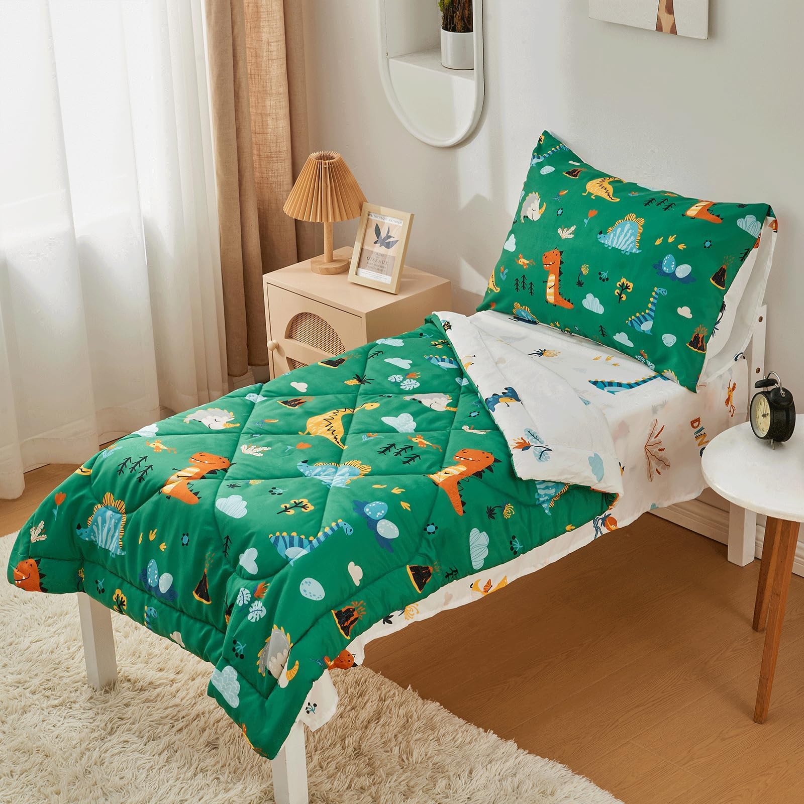 beeweed 4 Pieces Dinosaur Toddler Bedding Set Boys Girls, 2 Sides Design Bed in a Bag Comforter Set, Includes 1 Comforter, 1 Fitted Sheet, 1 Flat Sheet and 1 Reversible Pillowcase