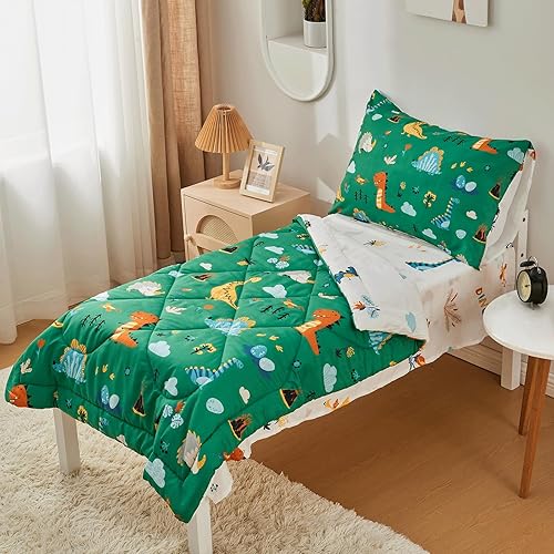 beeweed Juego de ropa de cama de dinosaurio de 4 piezas para niños y niñas, diseño de 2 lados, incluye 1 edredón, 1 sábana bajera, 1 sábana encimera