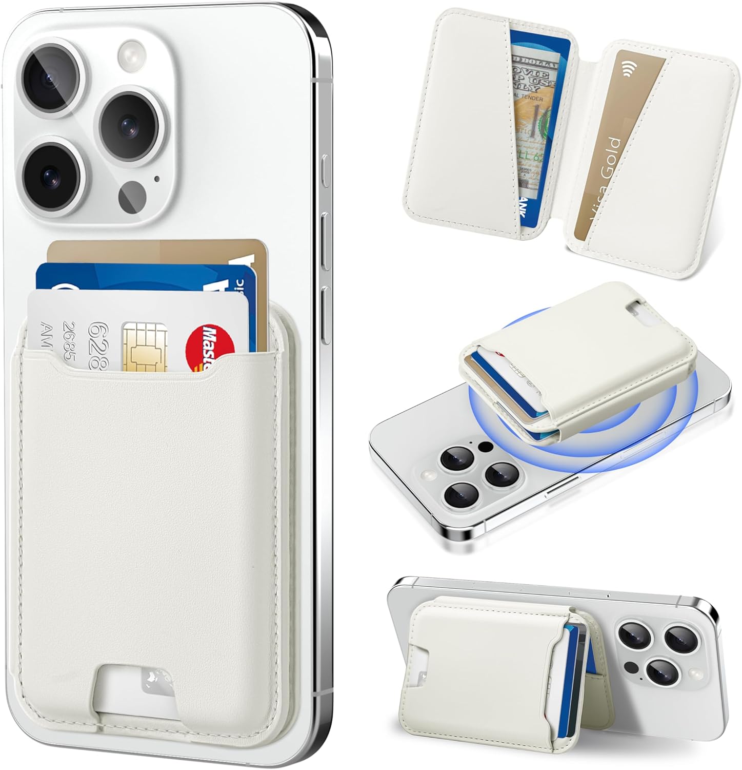 TopMade for Magsafe Wallet, Strongest Magnetic Phone Wallet for iPhone 17, iPhone 16/15/14/13/12 Series, Leather Magnetic Card Holder with Powerful Magnet, RFID Blocking, Fit 6 Cards, Milky White