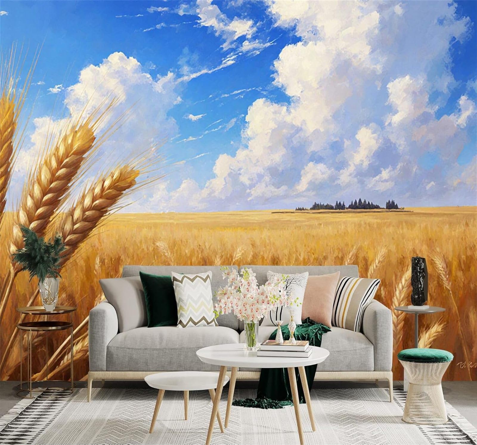 XLMING Golden Wheat Fields Blue Sky White Clouds Landscape 3D Wallpaper Premium Textured Silk Study Dining Living Room Bedroom Sofa TV Wall Easy Install-400cm×280cm
