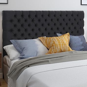 Headboard Queen Size, Tufted Upholstered Bed Back, Fabric Queen Headboard Adjustable Height, Button Decoration Wooden, Bedroom Charcoal Grey + Fabric