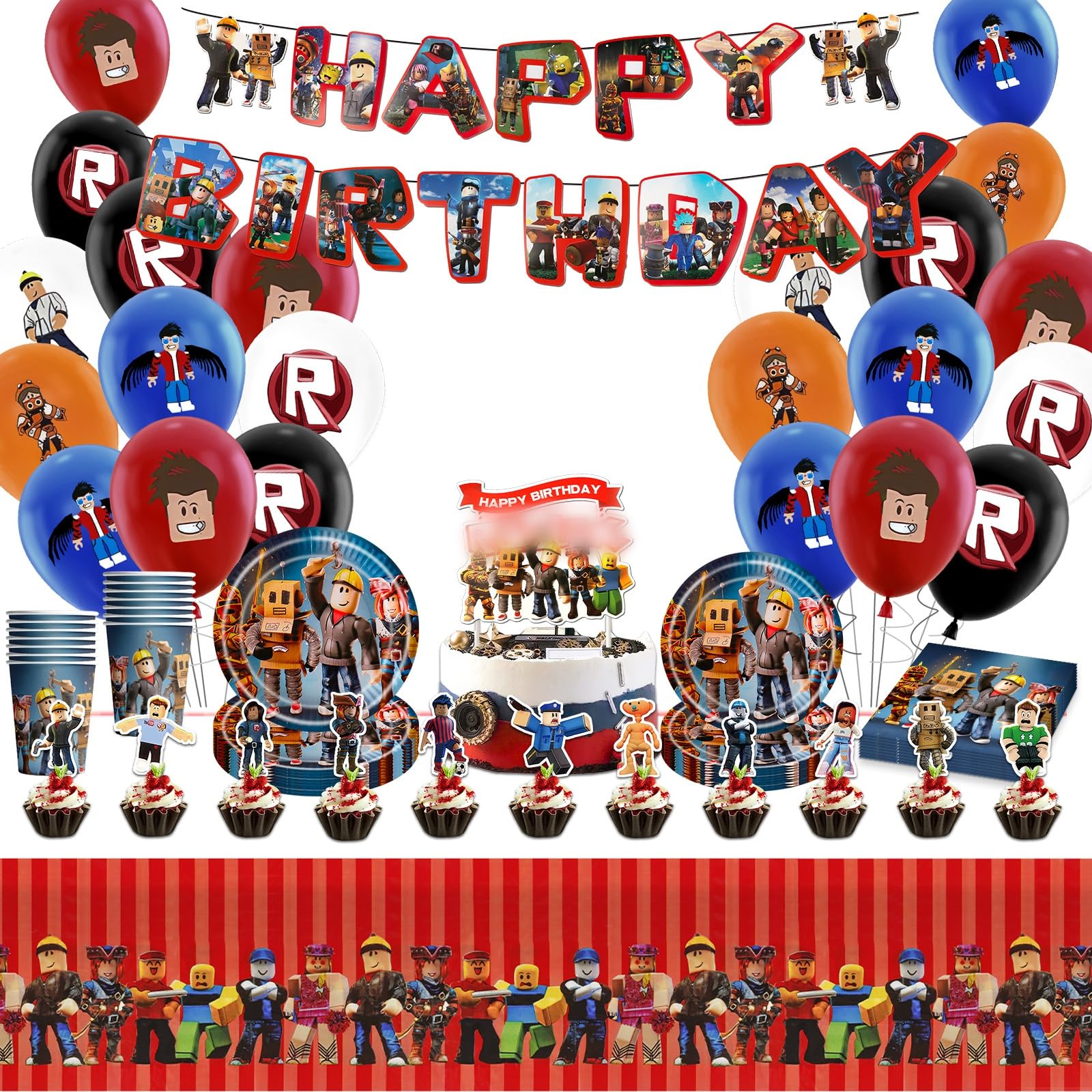 95PCS Red Tableware Set, Gamer Birthday Decorations, Party Balloons Tableware Set - Birthday Party Supplies, Plates Cups and Napkins and Tablecloth for boys Kids