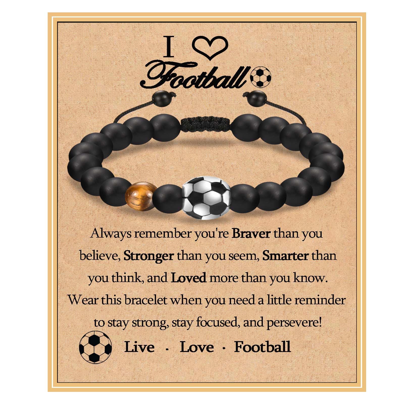 Braccialetto Regolabile Uomo Con Perline Di Ossidiana, Ciondolo Calcio E Croce - Gioiello Sportivo Fede Per Ragazzi, Regalo Di Compleanno O Battesimo