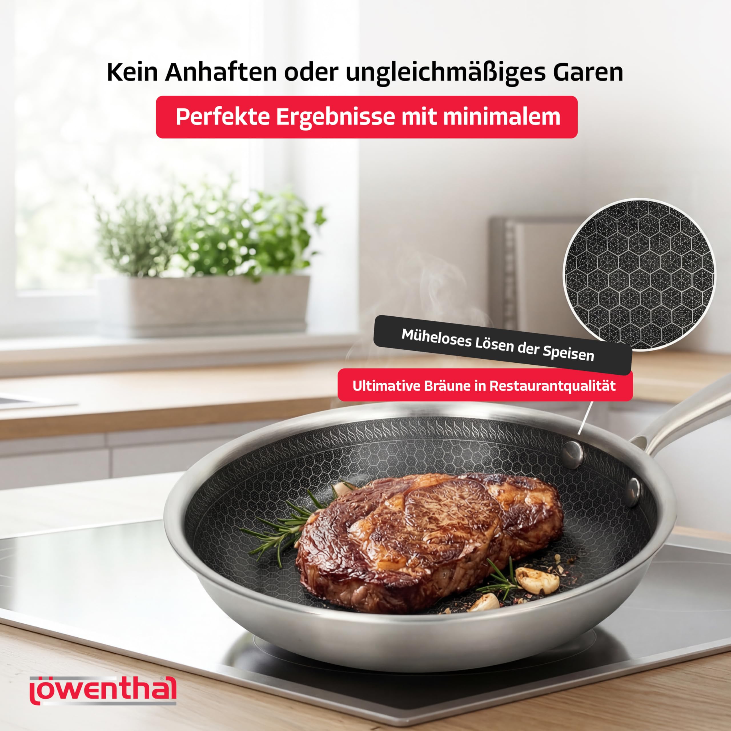 Löwenthal® Bratpfanne 28 cm | Edelstahl Pfanne mit Wabenstruktur | Keramische Antihaftbeschichtung | Kratzfest | PFAS- & PTFE-frei | Induktion alle Herdarten | Spülmaschinenfest | Backofenfest 280°C