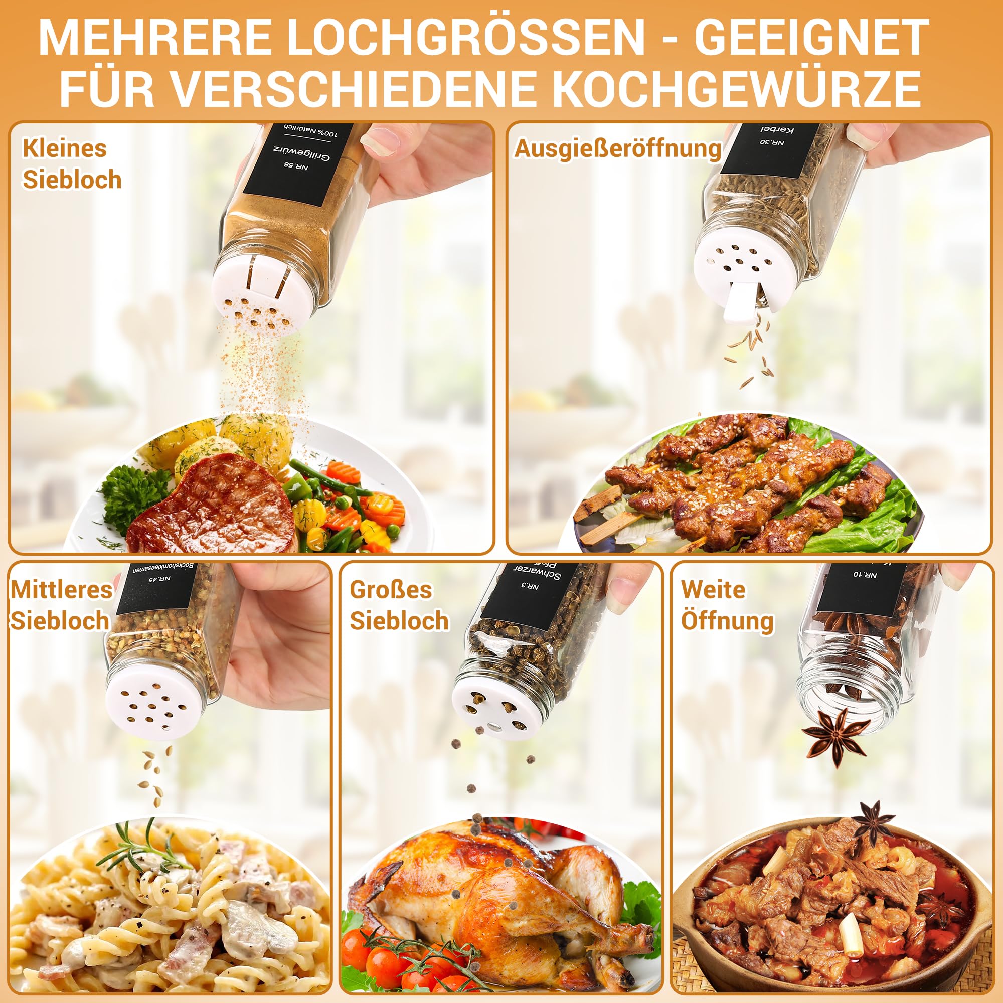 Gewürzgläser Eckig Set 24er - Gewürzdosen Glas 120ml mit Etiketten & Streueinsatz - Gewürzbehälter für Küche Spice Jars Gewürz Organizer mit Deckel