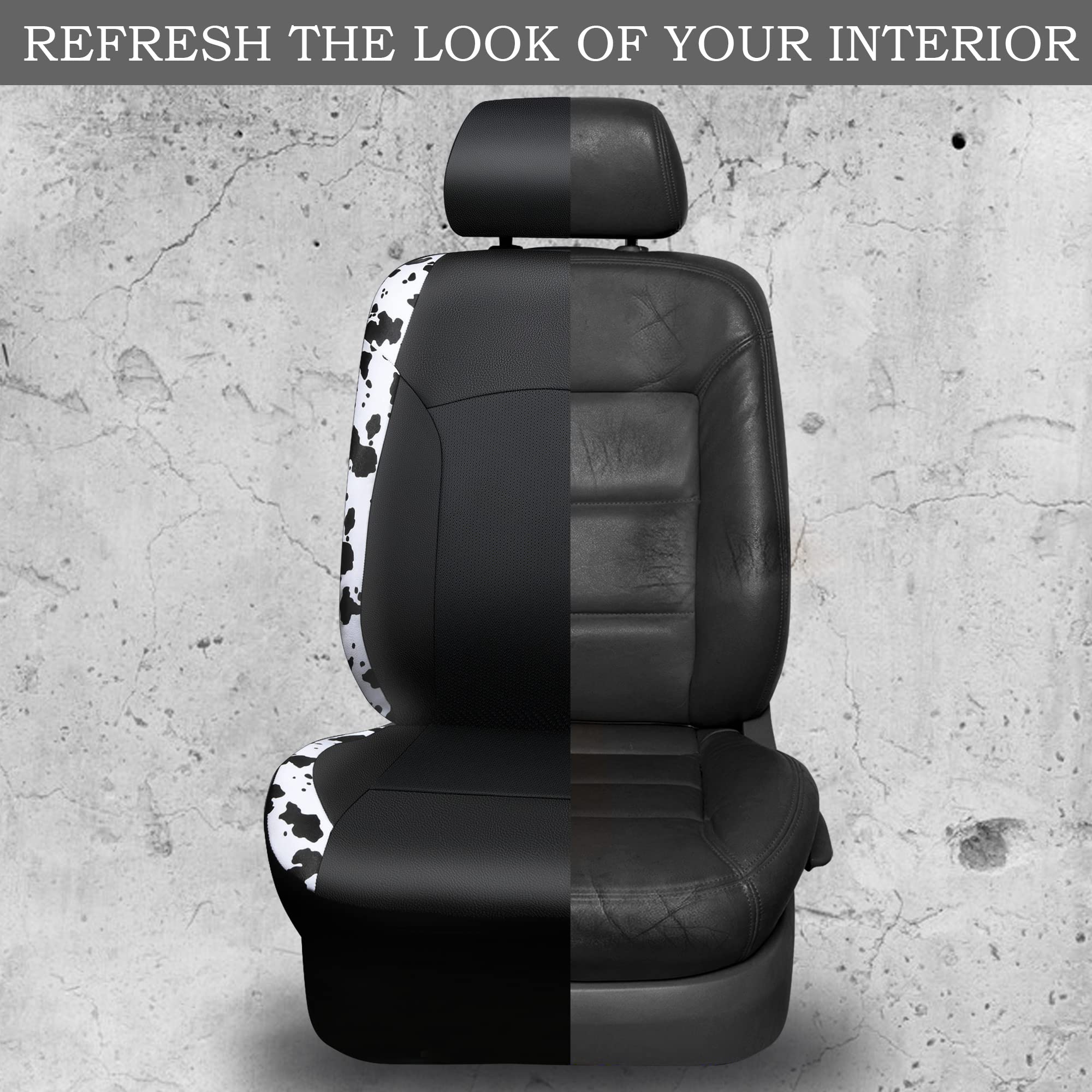 CAR-PASS Cow Print Car Accessories Sets Faux Leather Car Seat Covers & Cow Car Mats & Cow Steering Wheel Cover Seat Belt Pads Universal fit for SUV,Van,Saden,Truck Cute Automobile Interior Sets Women