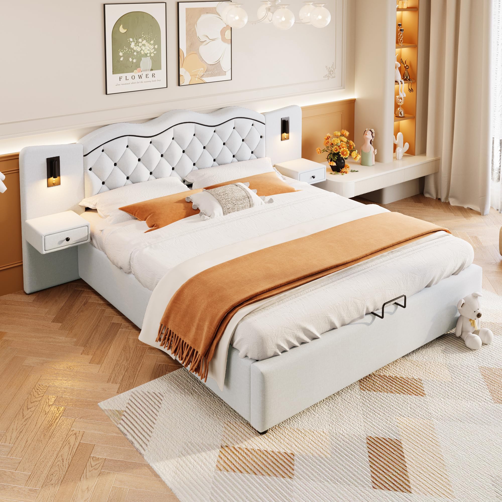 Rtopsu Letto Imbottito Matrimoniale 180x200 cm con USB e 2 Lampade da Comodino, Struttura del Letto Idraulico con Contenitore e Rete a Doghe, Testata con 2 Cassetti, Lino, Beige, Senza Materasso
