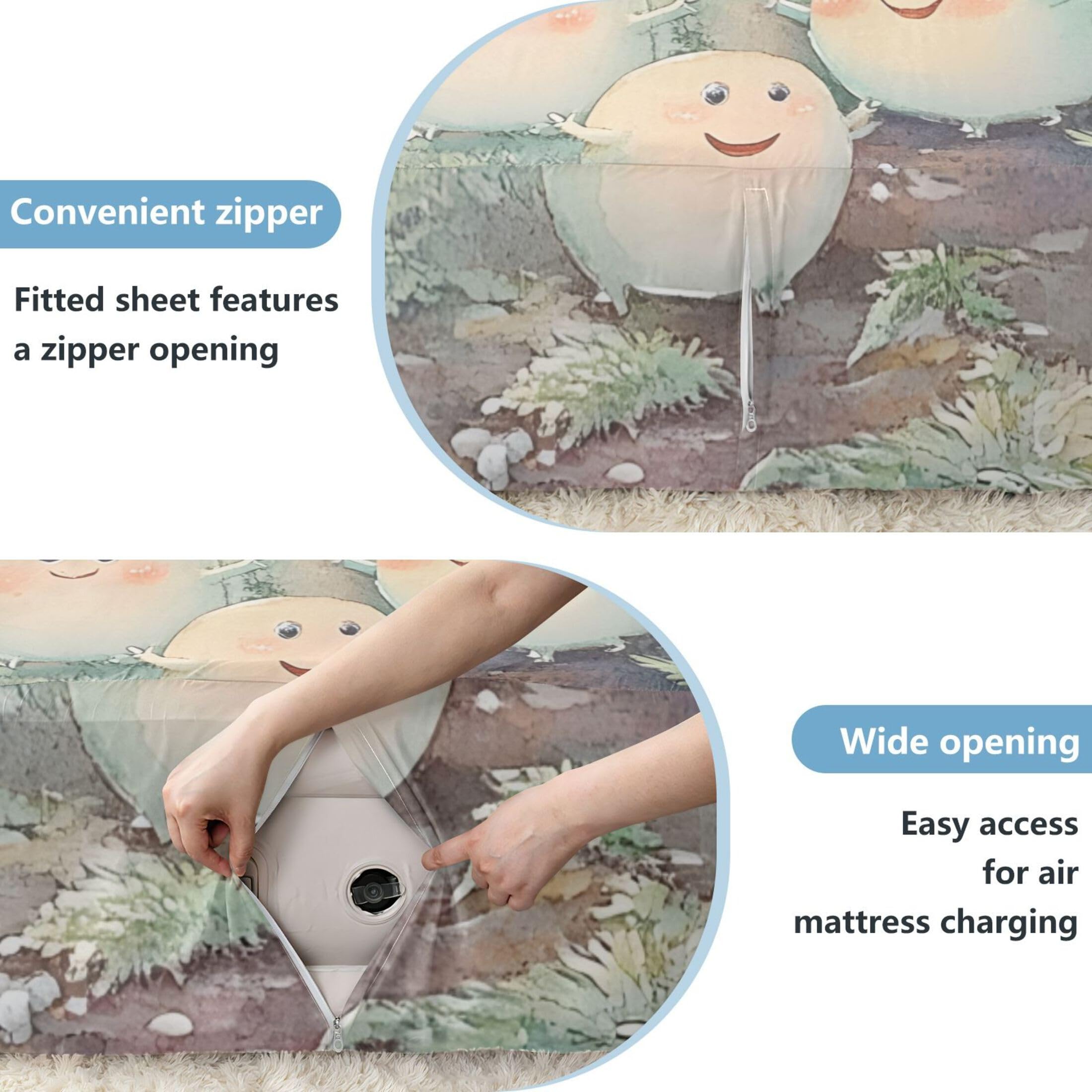 Cute Monsters - Sábana bajera ajustable individual para colchón de aire, bolsillo extra profundo de 24 pulgadas, funda suave y transpirable con apertura de válvula de cremallera para cama de
