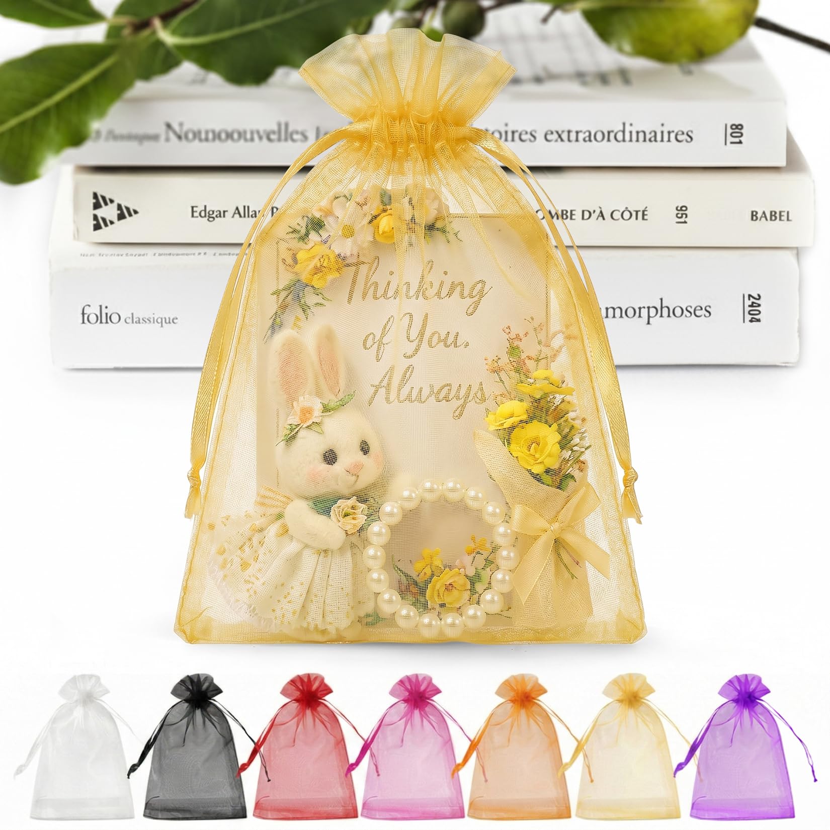 ANZNKU 100 PCS Organza Bags 5 x 7, Gold Small Mesh Gift Bags Drawstring