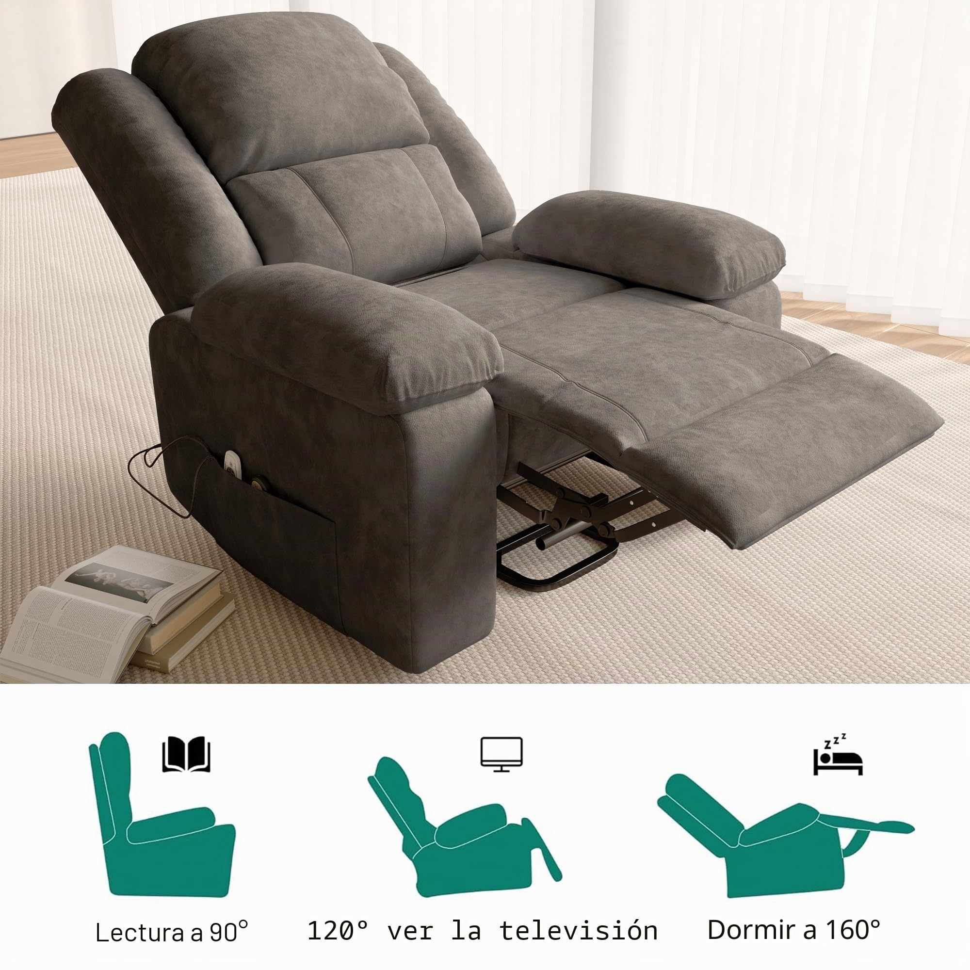 Silla de Masaje eléctrica, sillón Relax con 8 Zonas de Masaje potentes y 2 Puntos de Calor, Silla eléctrica con función reclinable y Bolsillos Laterales (Gris, A)