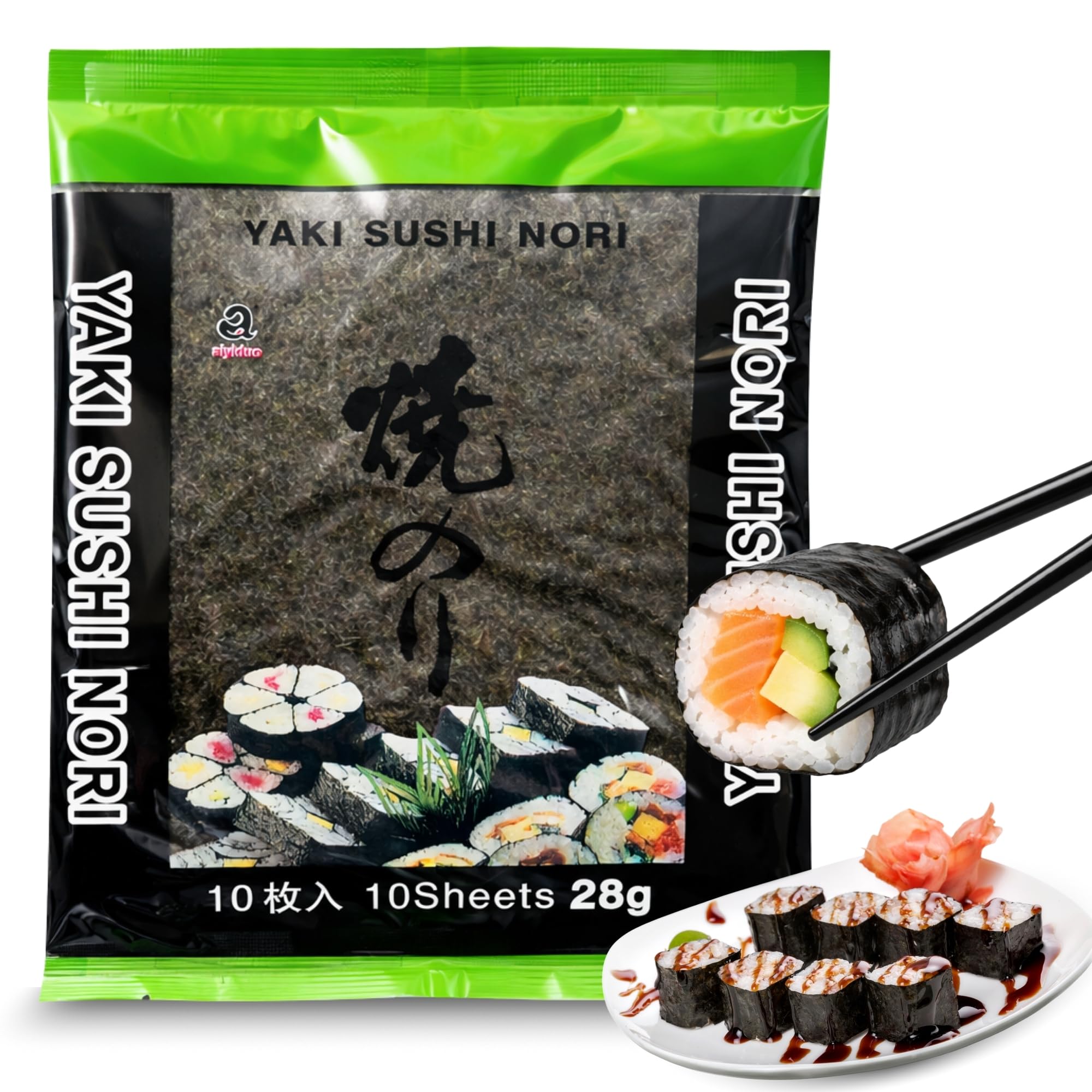 Alga Nori Yakinori, son ideales para enrollar el sushi, temaki y onigiri, Las hojas de alta calidad tienen un color vibrante y textura crujiente Grado Gold, Contiene 1 paquete de 10 hojas de 25 gr - imagen 1