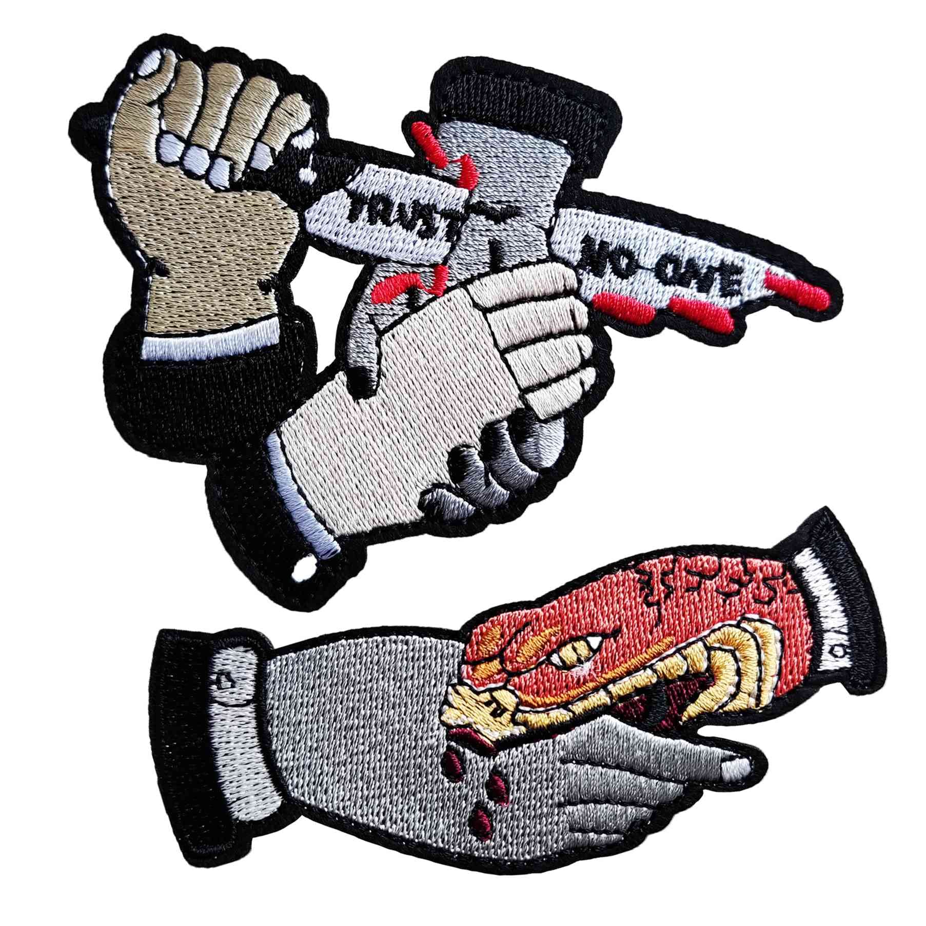 2Pieces Trust No One Snake Bit Shake Hand Iron On Sew on Patch, Embroidered Patch Emblem Badge for Backpacks,Jeans, Jacket