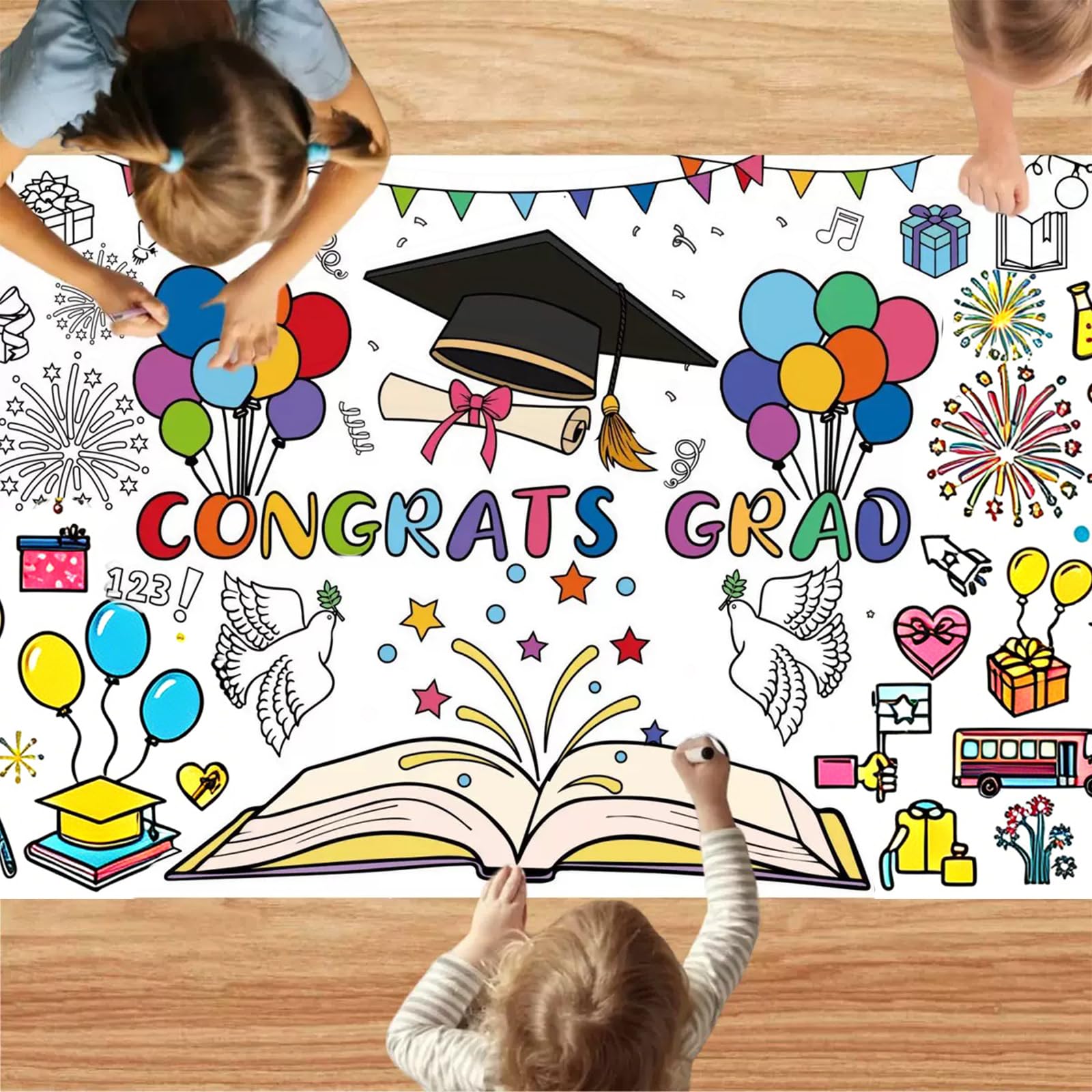Plusupon Graduation Colouring Tablecloth, 183×78cm Kindergarten Graduation Coloring Table Cloth Poster, Graduations Crafts for Kids, DIY Kindergarten Preschool Graduations Table Decorations Gifts