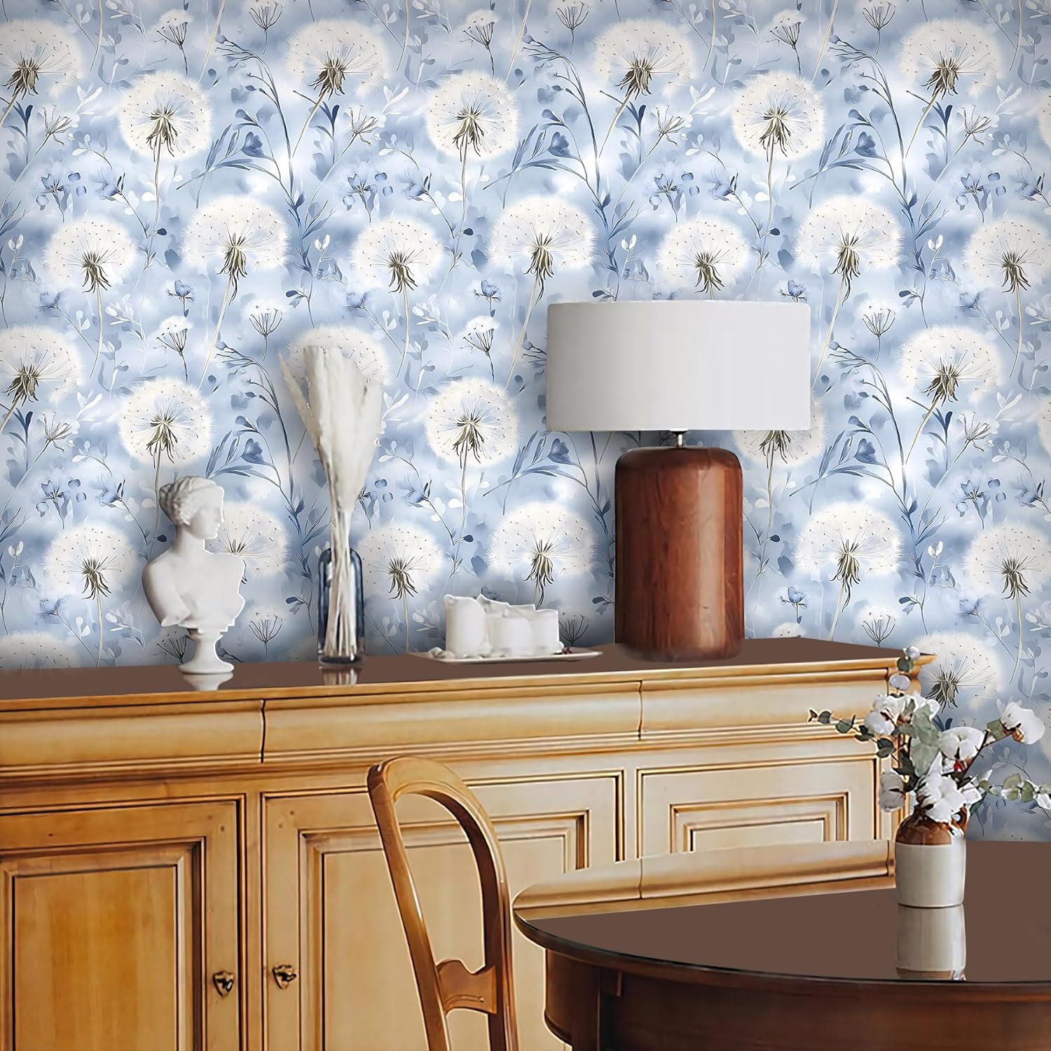 Dandelion Peel and Stick Wallpaper White and Blue Wallpaper Self-Adhesive Vinyl Wall Paper for DIY Home Decor 17.7in x 118in
