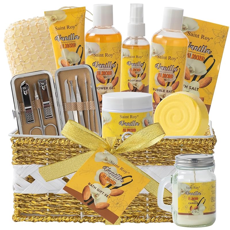 Kit de banho e cuidados corporais Saint Roy com 25 peças, fragrância de baunilha, mel e amêndoa, cesta reutilizável