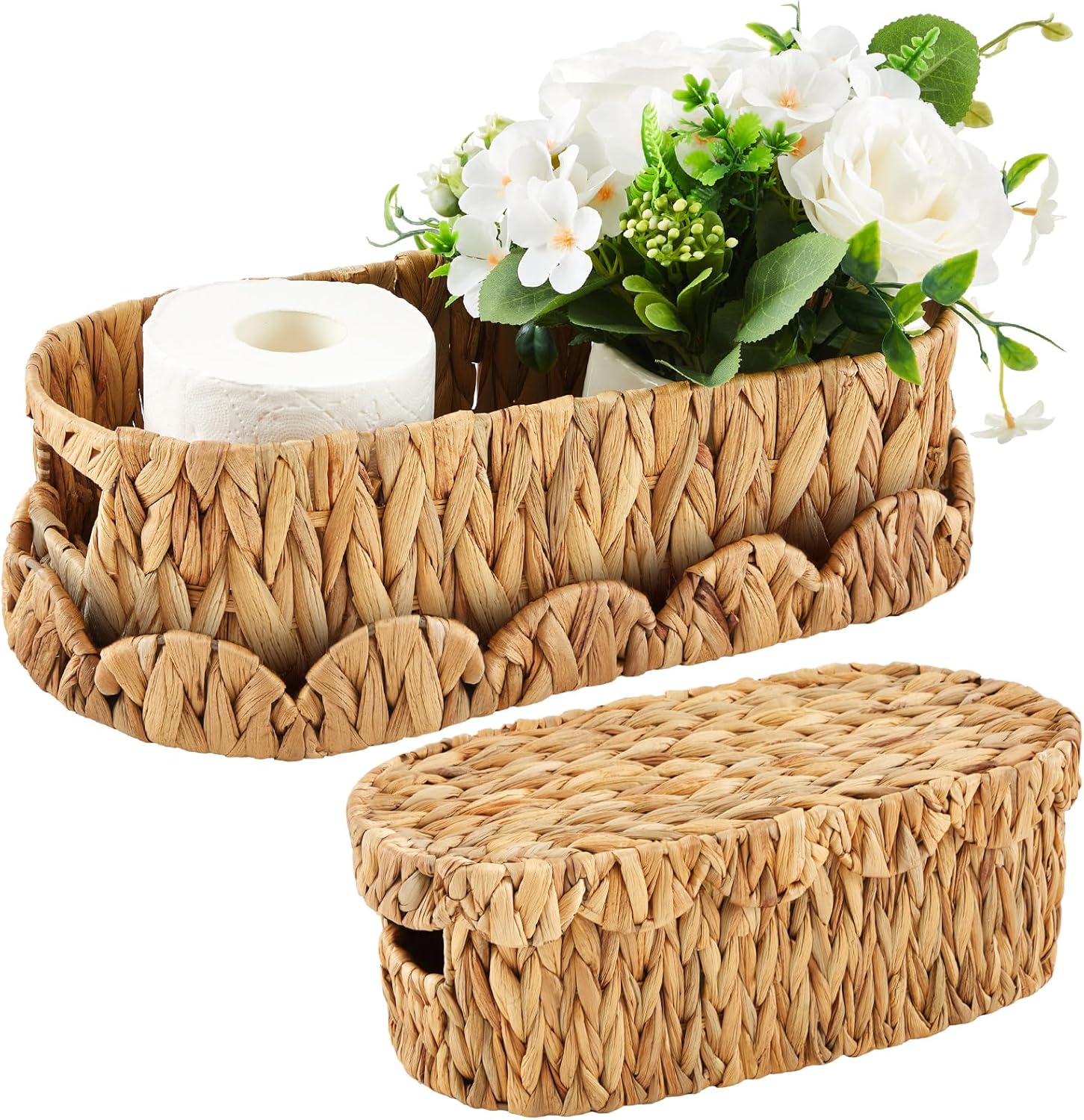 2 Pack Toilet Paper Storage Basket with Lid Two Water Hyacinth Woven Wicker Bathroom Organizer Farmhouse Boho Decorative Toilet Tank Top Holder Bath Accessories