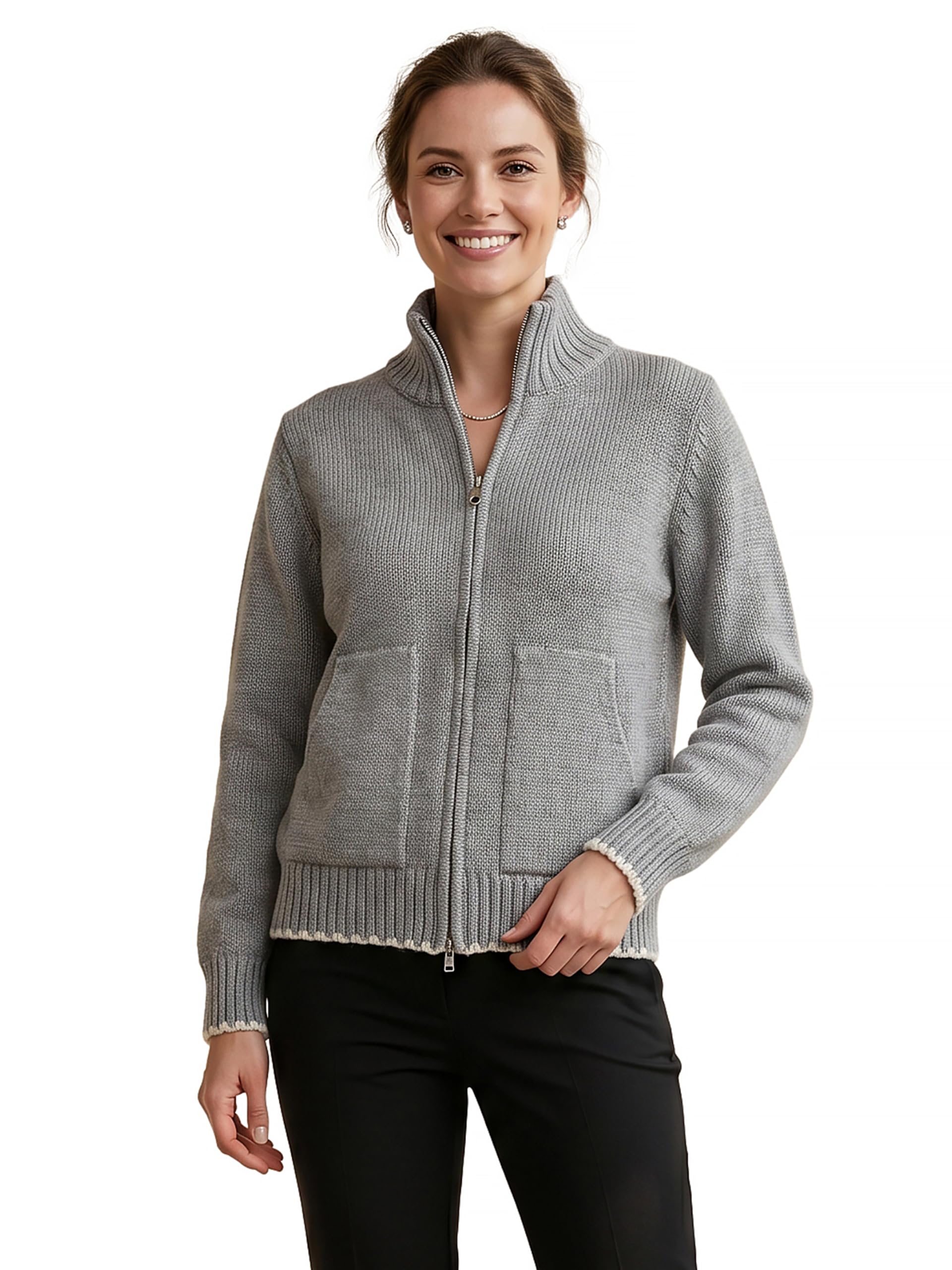 gfo Women High Neck Full Sleeve Zip Front Knitted Sweatshirt with 2 Front Pockets and Back Print-picture-21