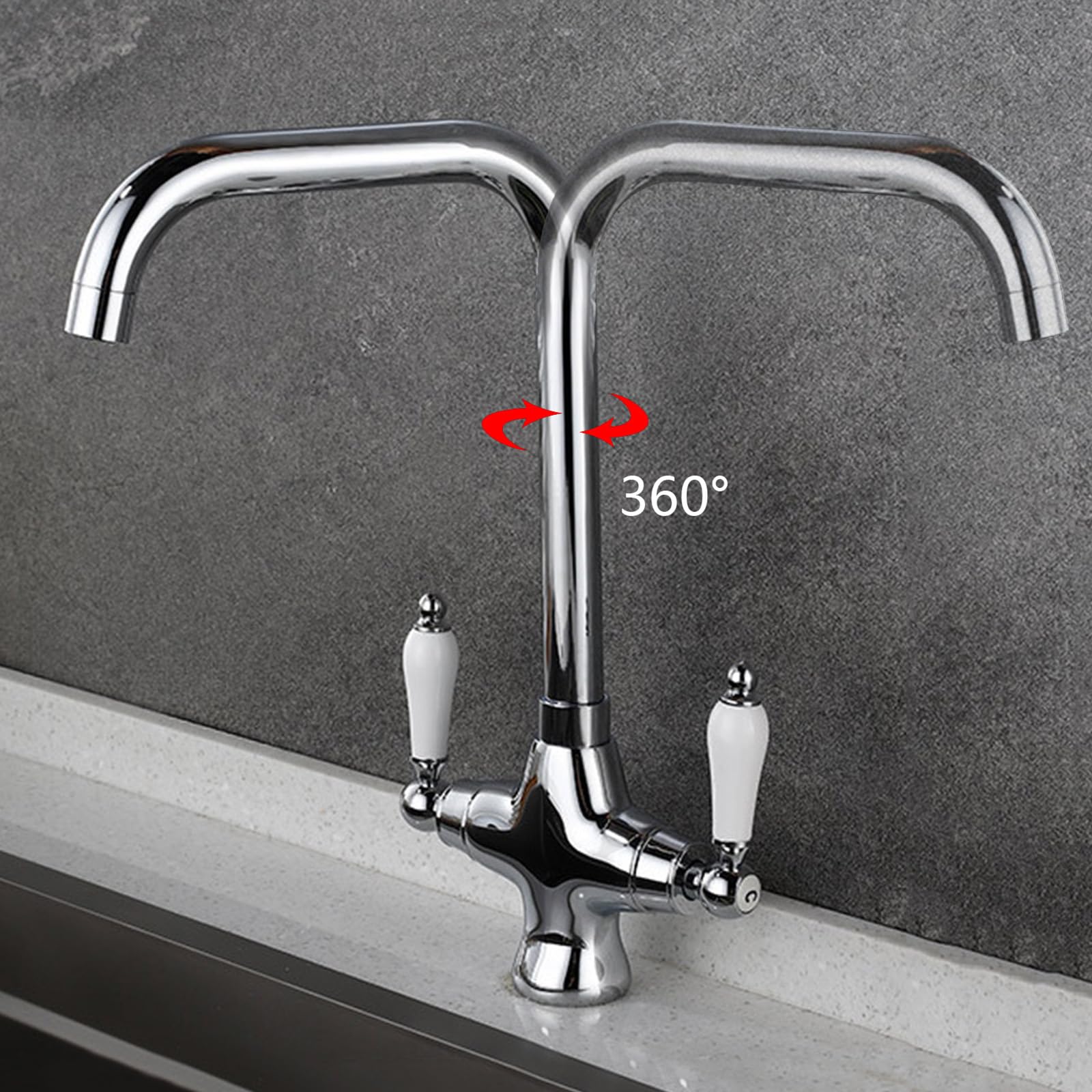 Grifo de Cocina Caño Alto con Dos Manijas de Cerámica Grifo Mezclador Cocina Giratorio 360° Latón Un Solo Orificio,Cromado