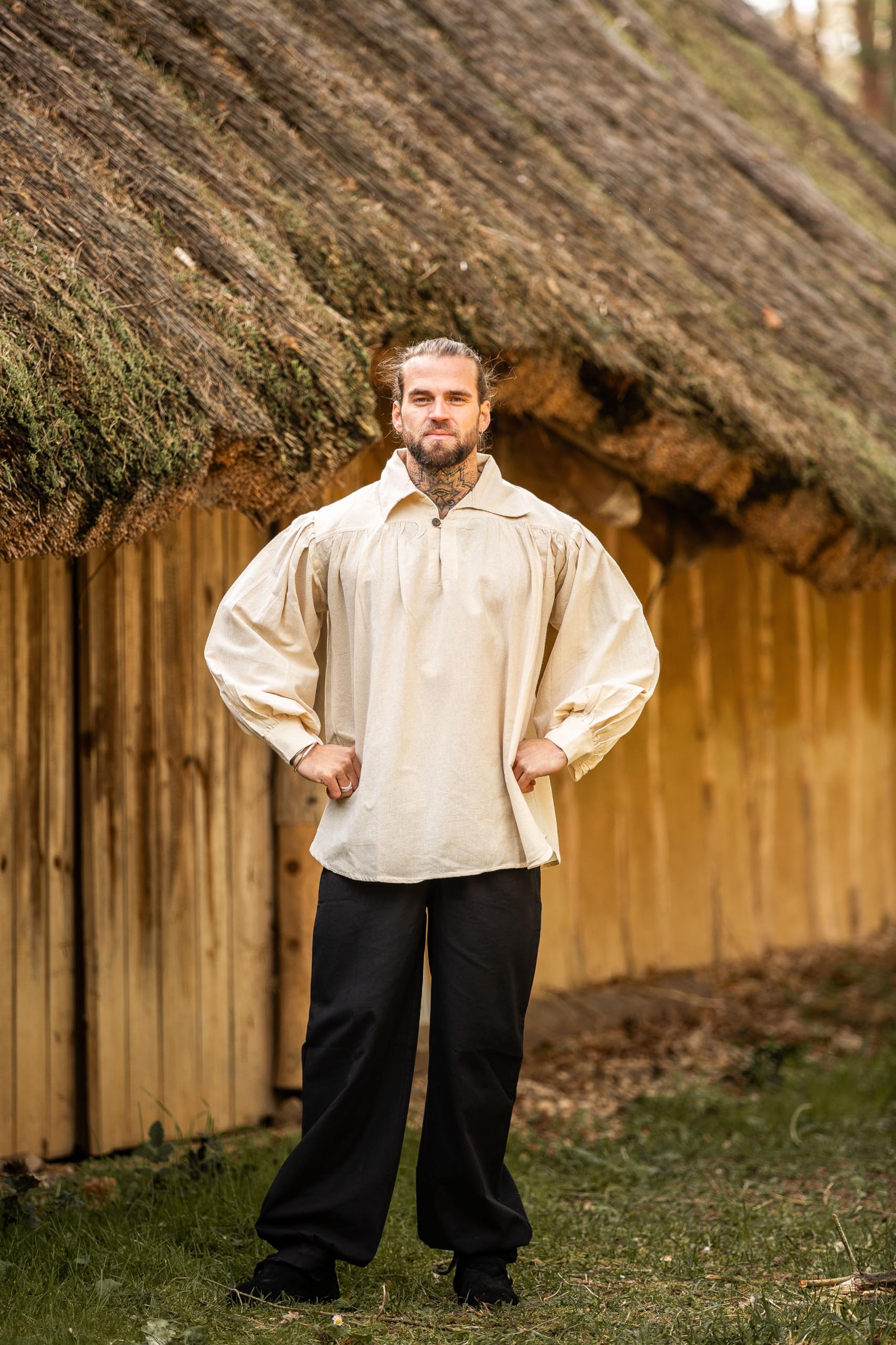 Leonardo Carbone® Camisa pirata James con cuello – Ropa medieval, camisa medieval para hombre, ropa LARP, traje de festival, disfraz de pirata, camisas informales de manga larga – 100% algodón